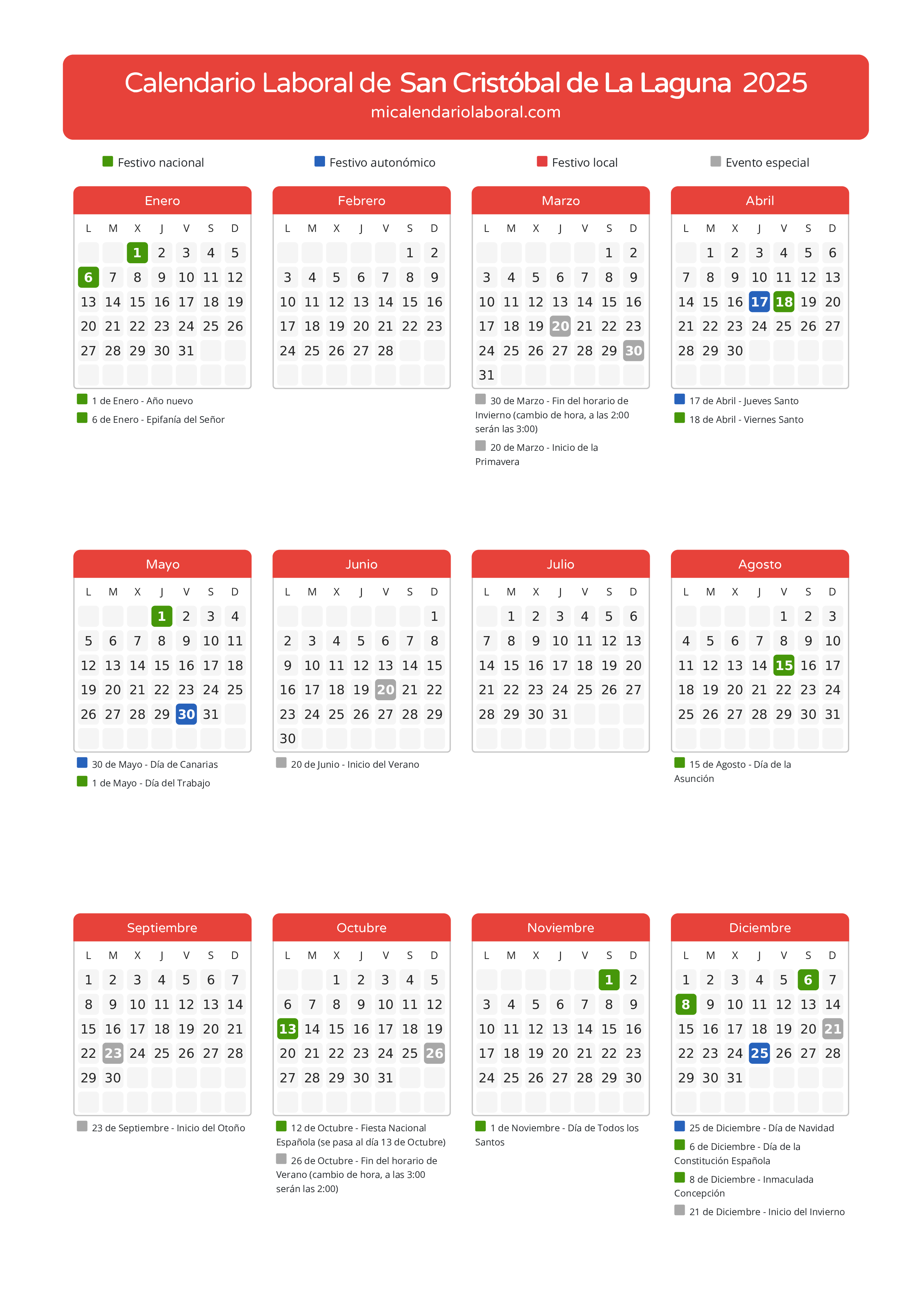 Calendario Laboral de San Cristóbal de La Laguna 2025 - Días festivos - Descubre todos los festivos, días no laborables y días inhábiles en el calendario de San Cristóbal de La Laguna propuestos por Gobierno de Canarias. Organiza tus vacaciones y puentes en 2025.