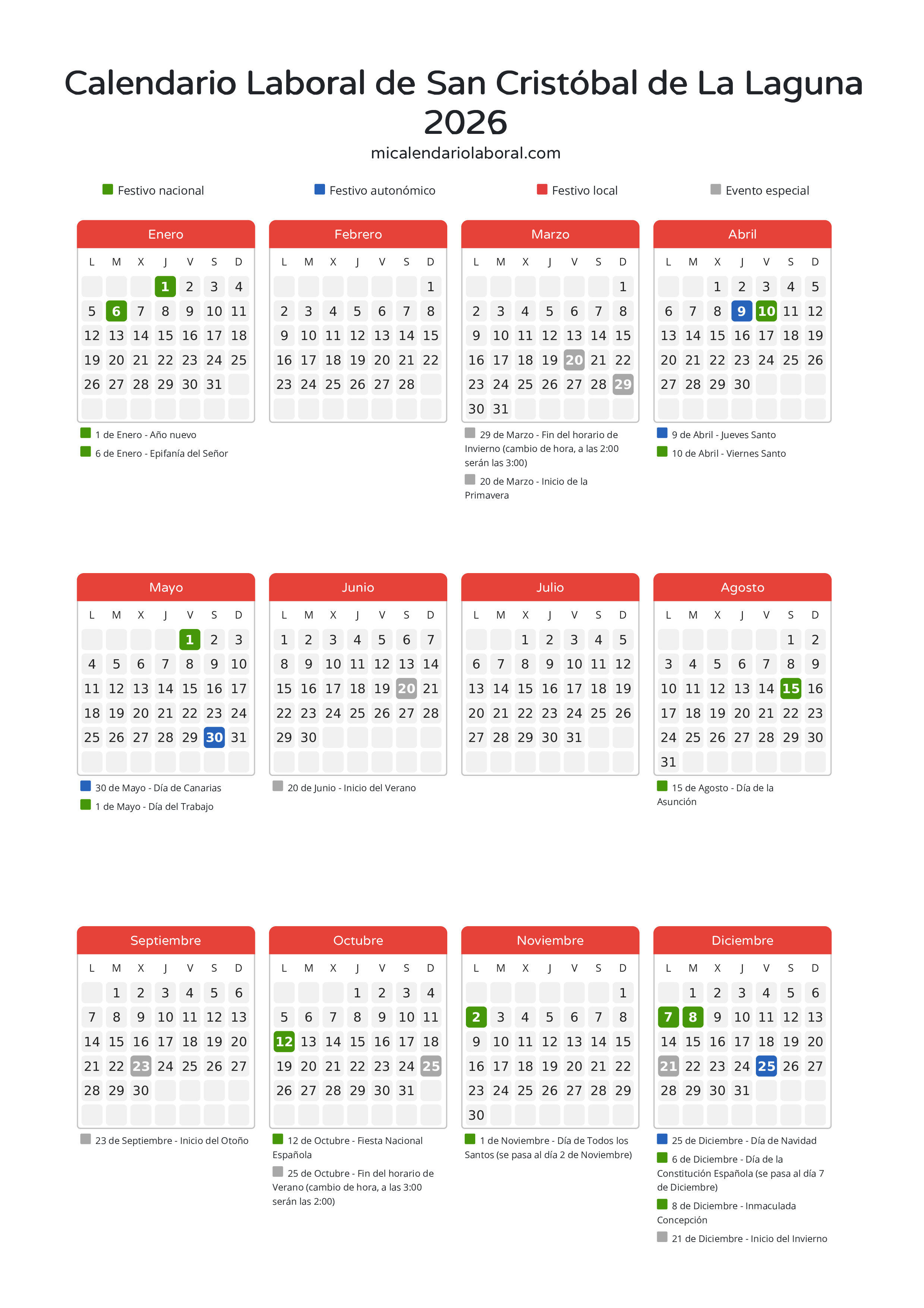 Calendario Laboral de San Cristóbal de La Laguna 2026 - Días festivos - Descubre todos los festivos, días no laborables y días inhábiles en el calendario de San Cristóbal de La Laguna propuestos por Gobierno de Canarias. Organiza tus vacaciones y puentes en 2026.