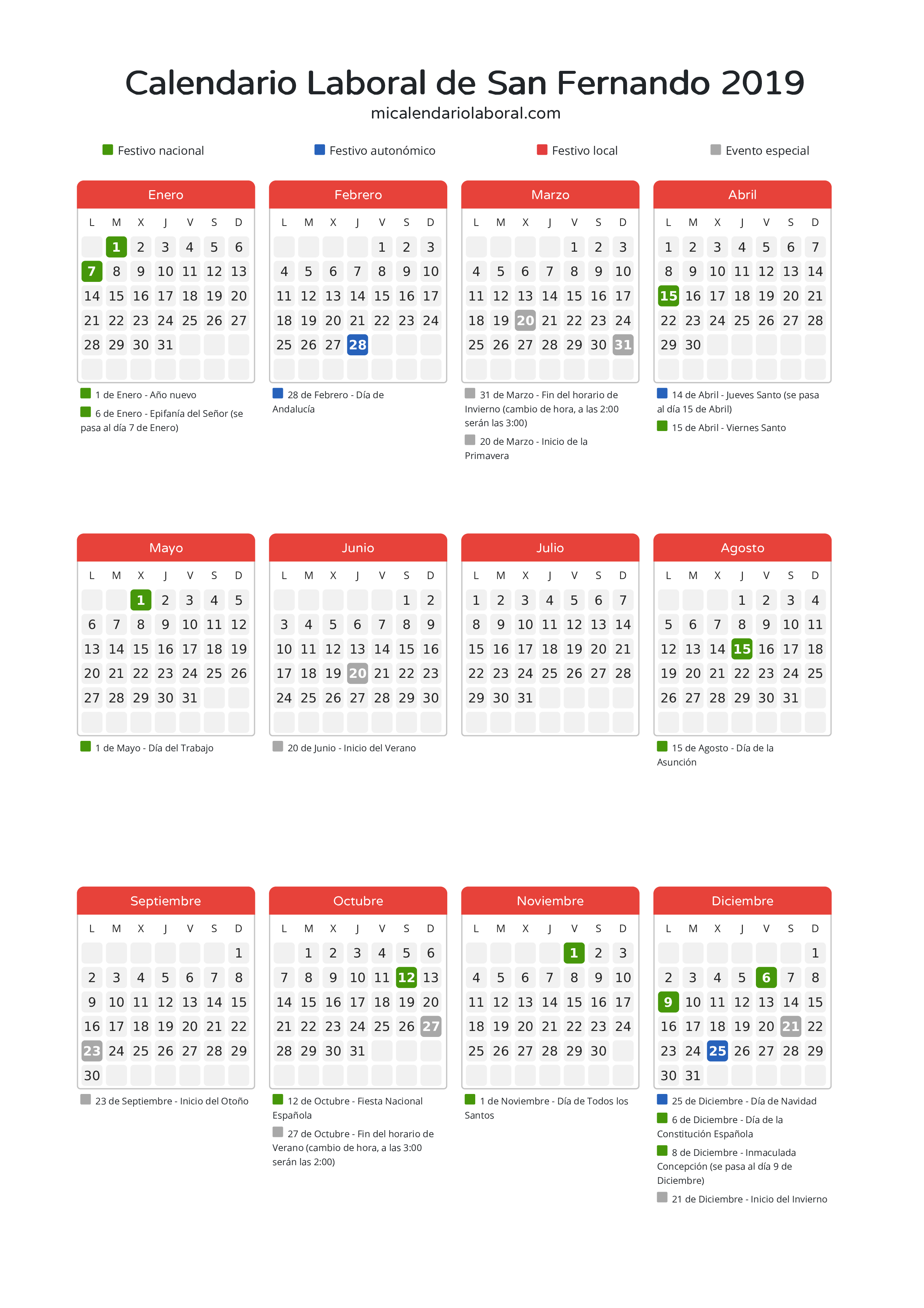Calendario Laboral de San Fernando 2019 - Días festivos - Descubre todos los festivos, días no laborables y días inhábiles en el calendario de San Fernando propuestos por Junta de Andalucía. Organiza tus vacaciones y puentes en 2019.