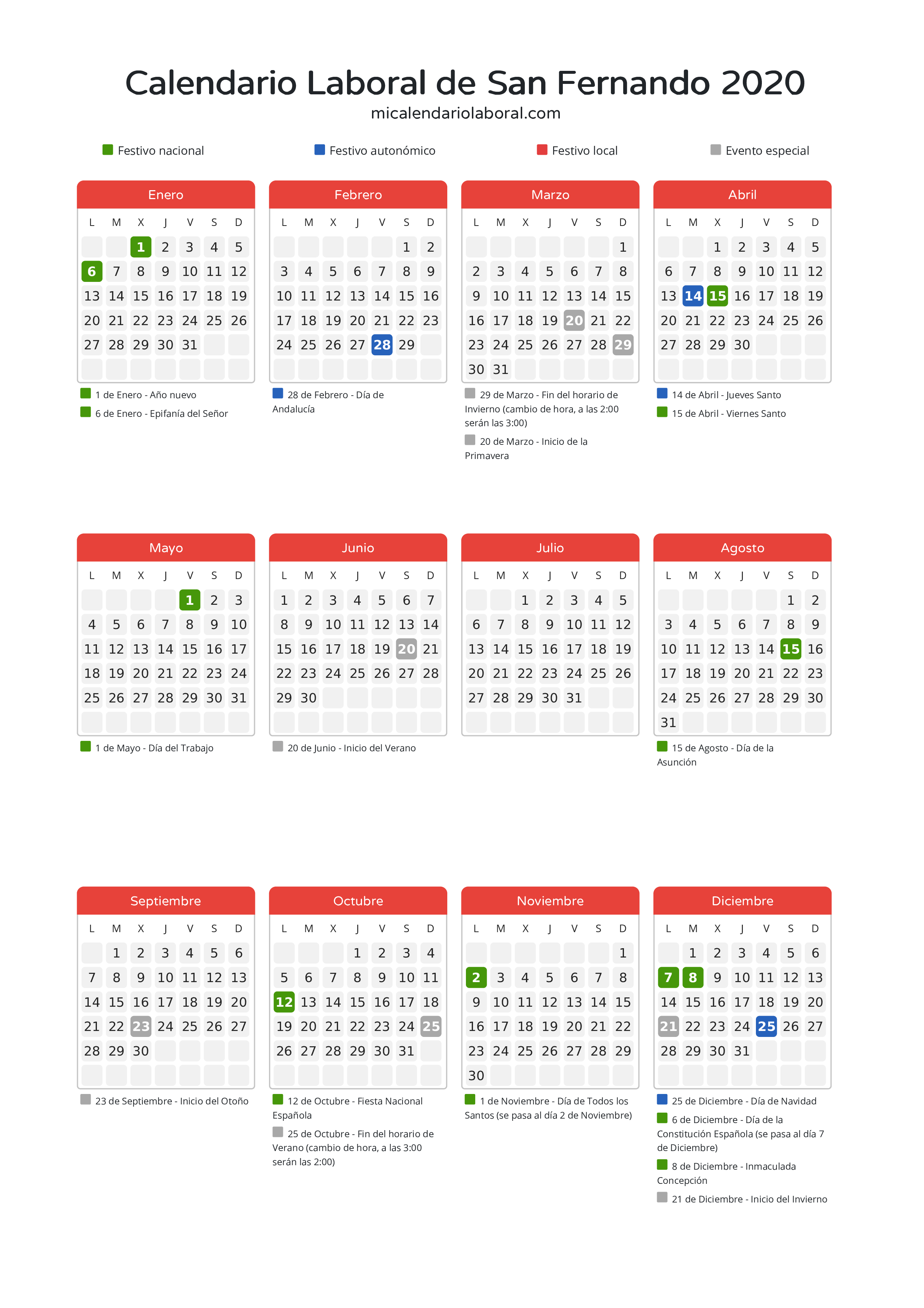 Calendario Laboral de San Fernando 2020 - Días festivos - Descubre todos los festivos, días no laborables y días inhábiles en el calendario de San Fernando propuestos por Junta de Andalucía. Organiza tus vacaciones y puentes en 2020.