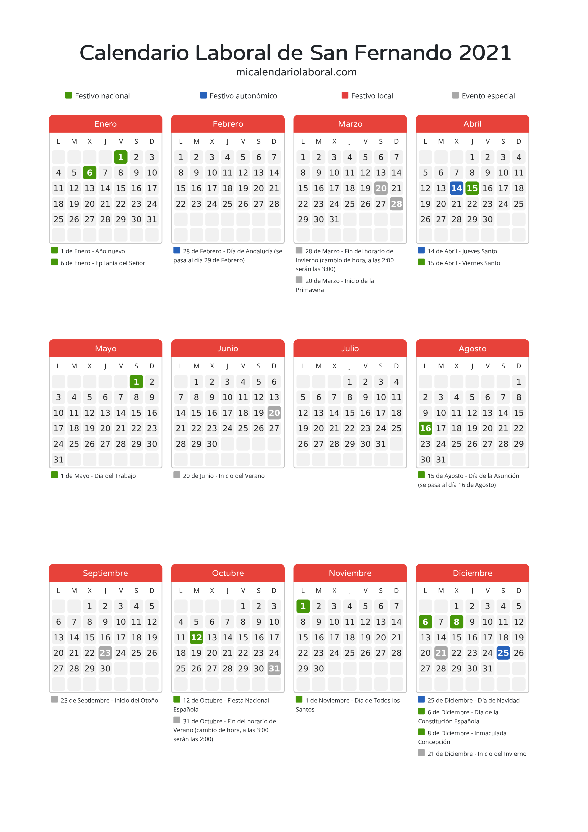 Calendario Laboral de San Fernando 2021 - Días festivos - Descubre todos los festivos, días no laborables y días inhábiles en el calendario de San Fernando propuestos por Junta de Andalucía. Organiza tus vacaciones y puentes en 2021.