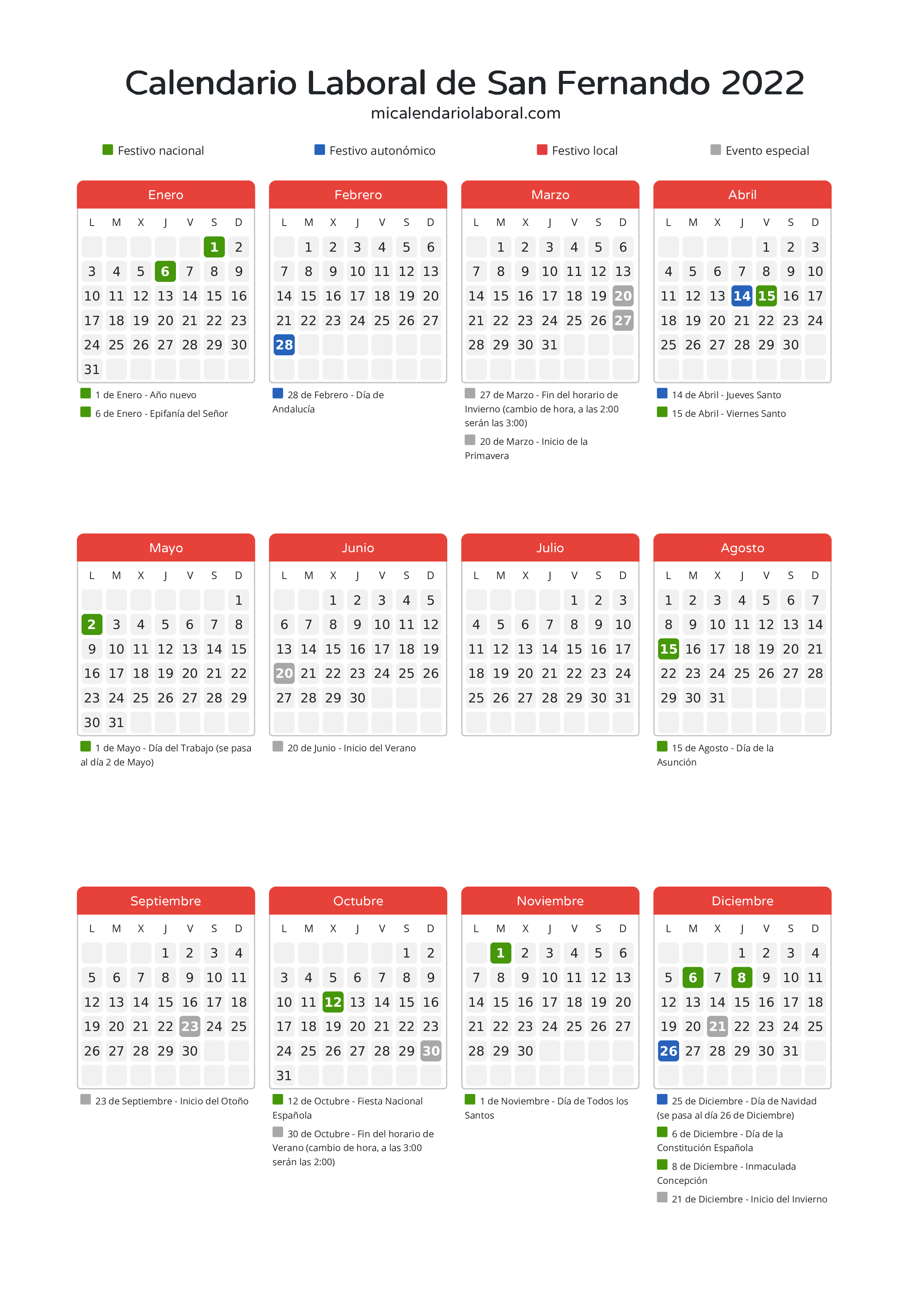 Calendario Laboral de San Fernando 2022 - Días festivos - Descubre todos los festivos, días no laborables y días inhábiles en el calendario de San Fernando propuestos por Junta de Andalucía. Organiza tus vacaciones y puentes en 2022.