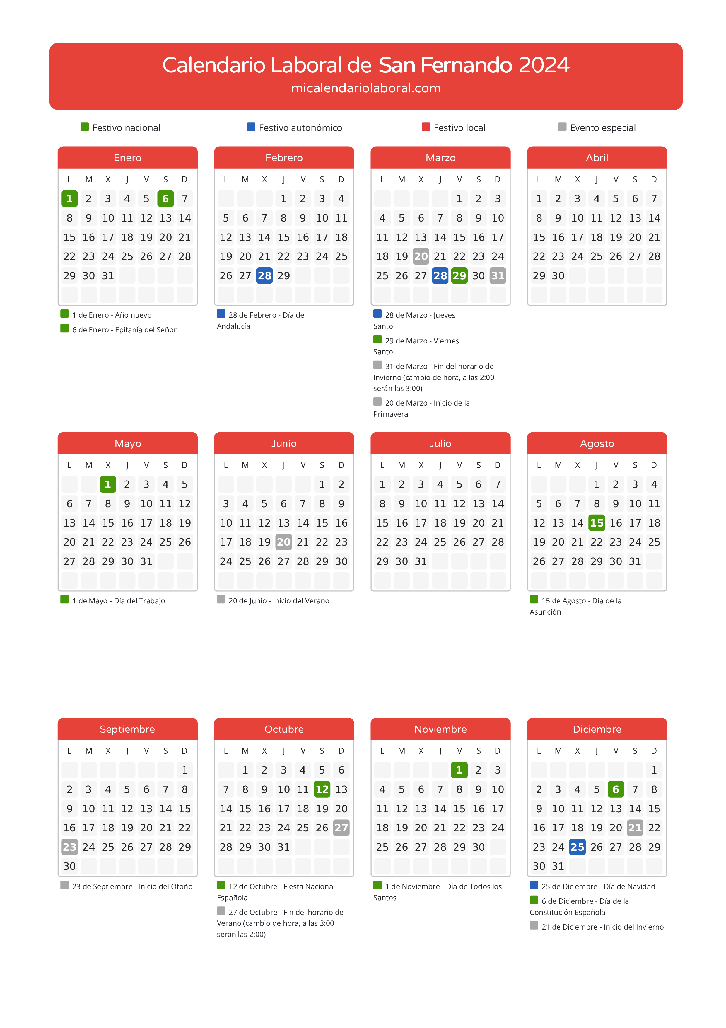 Calendario Laboral de San Fernando 2024 - Días festivos - Descubre todos los festivos, días no laborables y días inhábiles en el calendario de San Fernando propuestos por Junta de Andalucía. Organiza tus vacaciones y puentes en 2024.