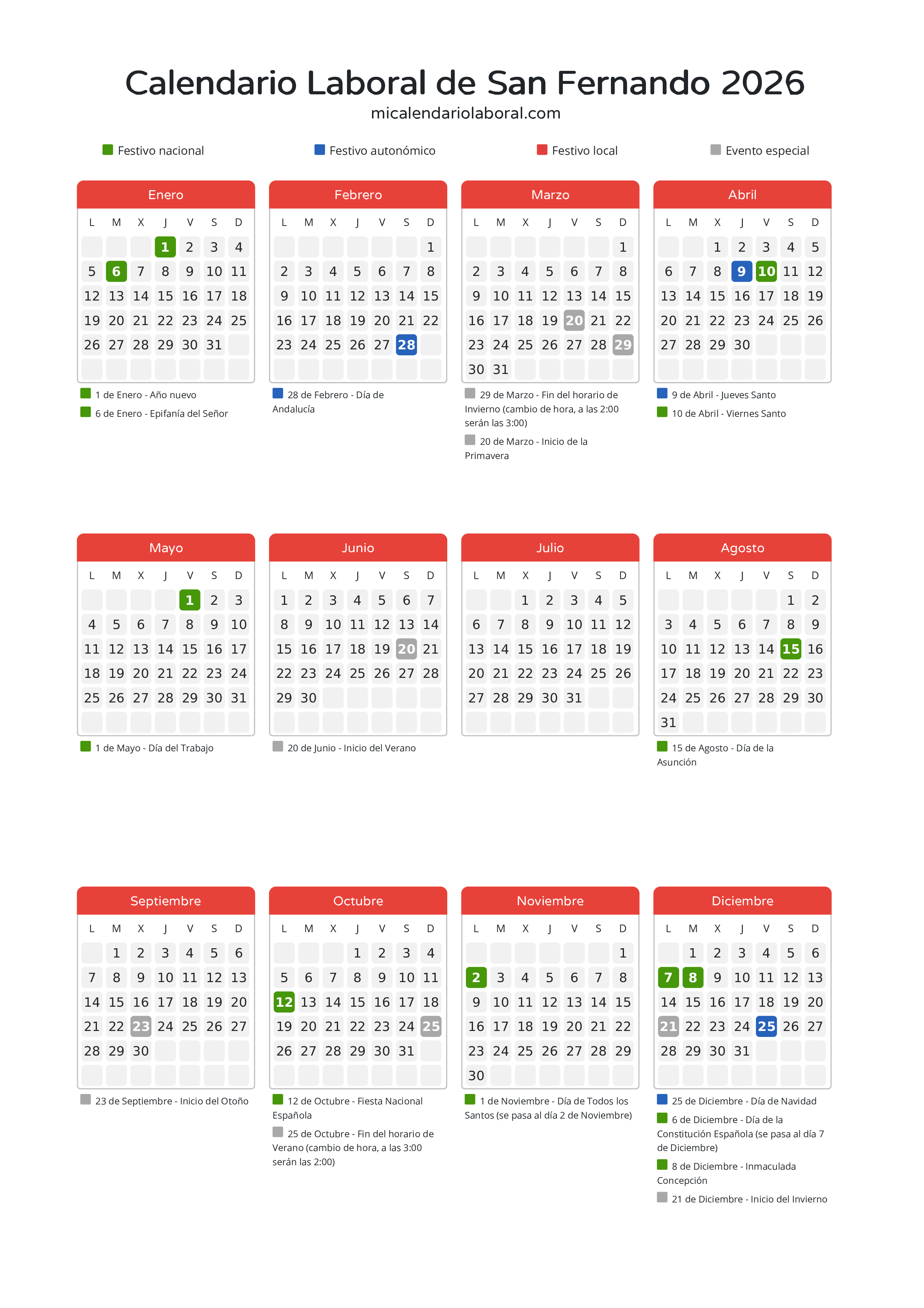 Calendario Laboral de San Fernando 2026 - Días festivos - Descubre todos los festivos, días no laborables y días inhábiles en el calendario de San Fernando propuestos por Junta de Andalucía. Organiza tus vacaciones y puentes en 2026.