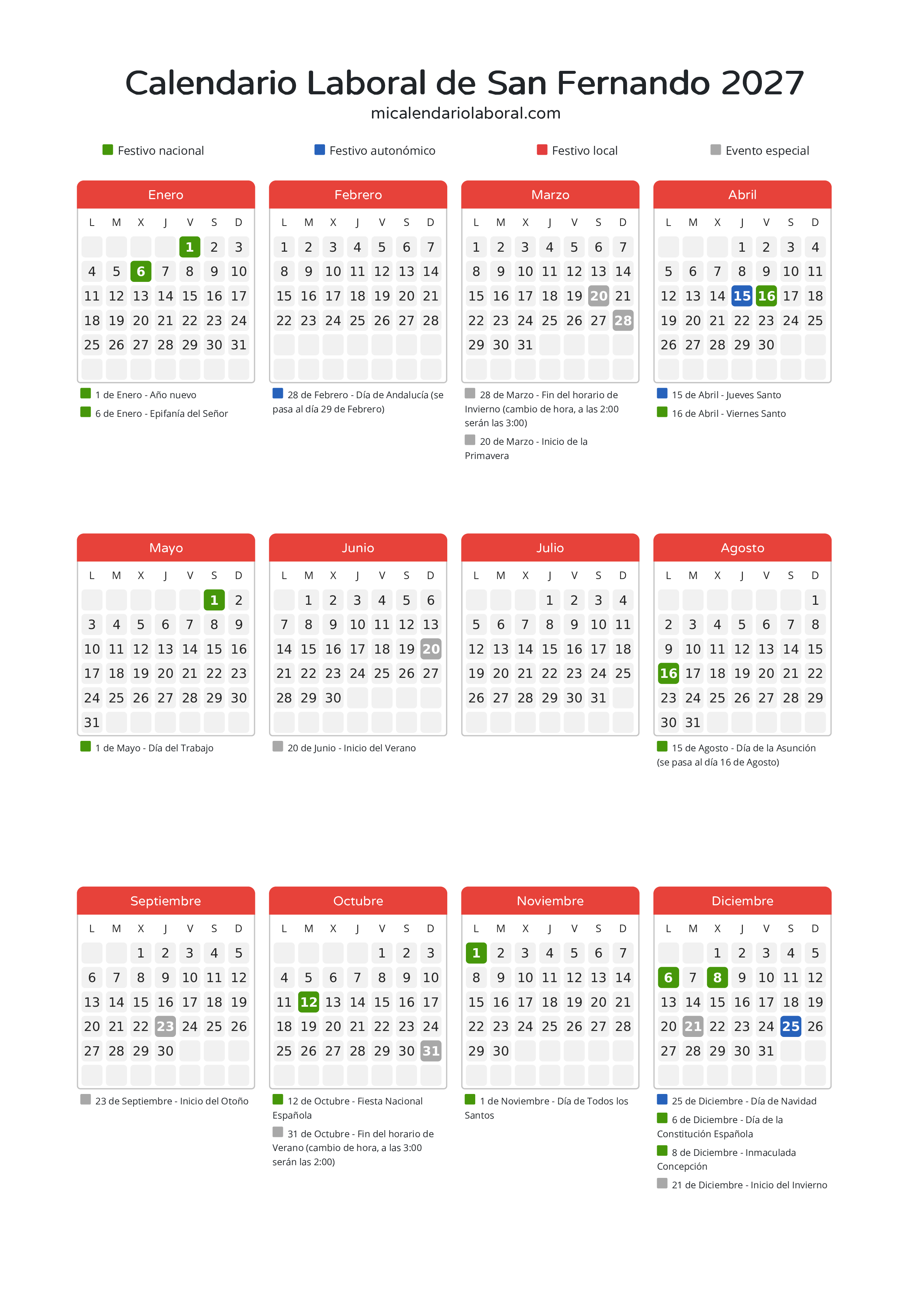 Calendario Laboral de San Fernando 2027 - Días festivos - Descubre todos los festivos, días no laborables y días inhábiles en el calendario de San Fernando propuestos por Junta de Andalucía. Organiza tus vacaciones y puentes en 2027.