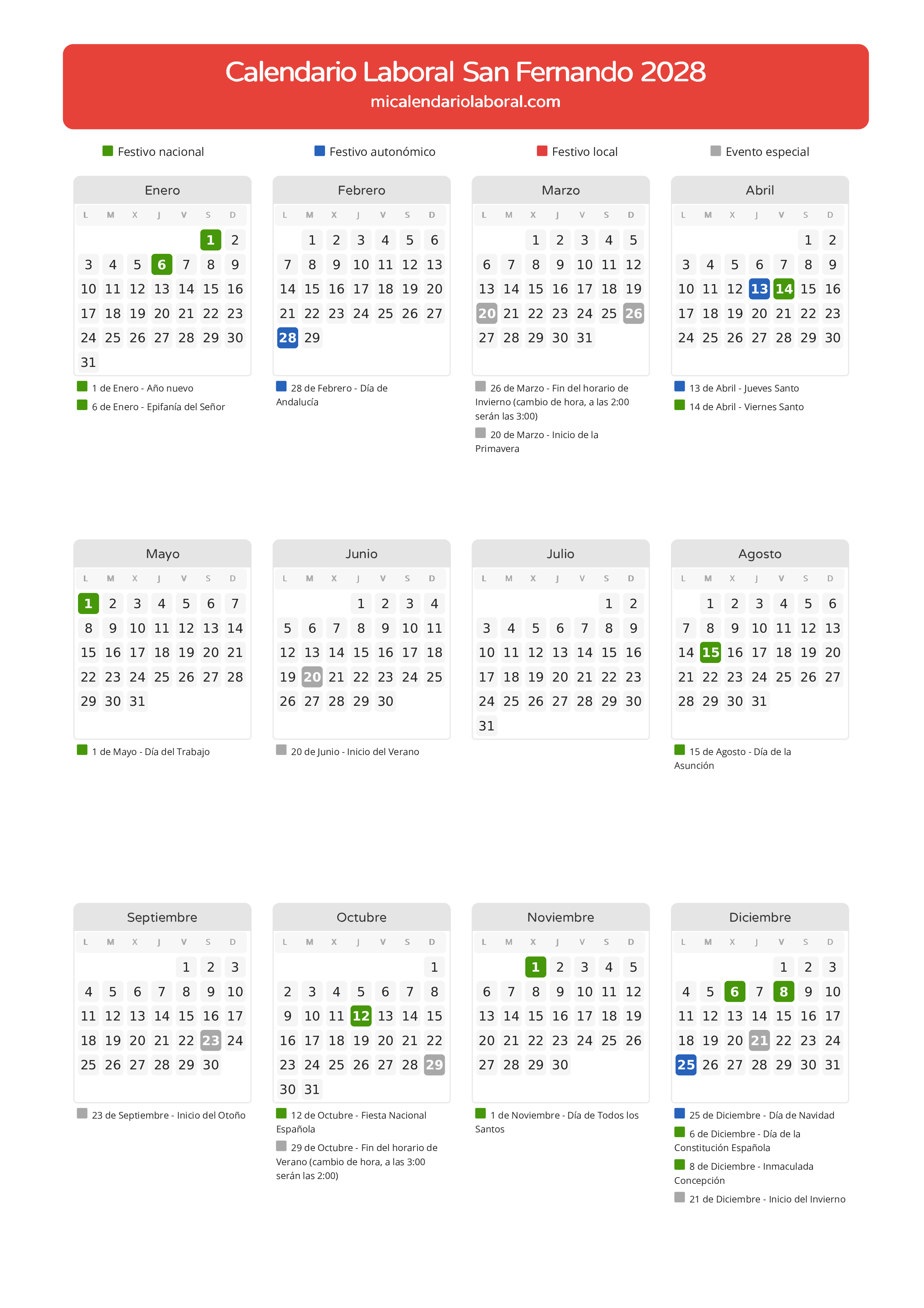 Calendario Laboral de San Fernando 2028 - Días festivos - Todos los festivos y días no laborables del calendario de San Fernando propuestos por Junta de Andalucía. Organiza tus vacaciones y puentes en 2028.