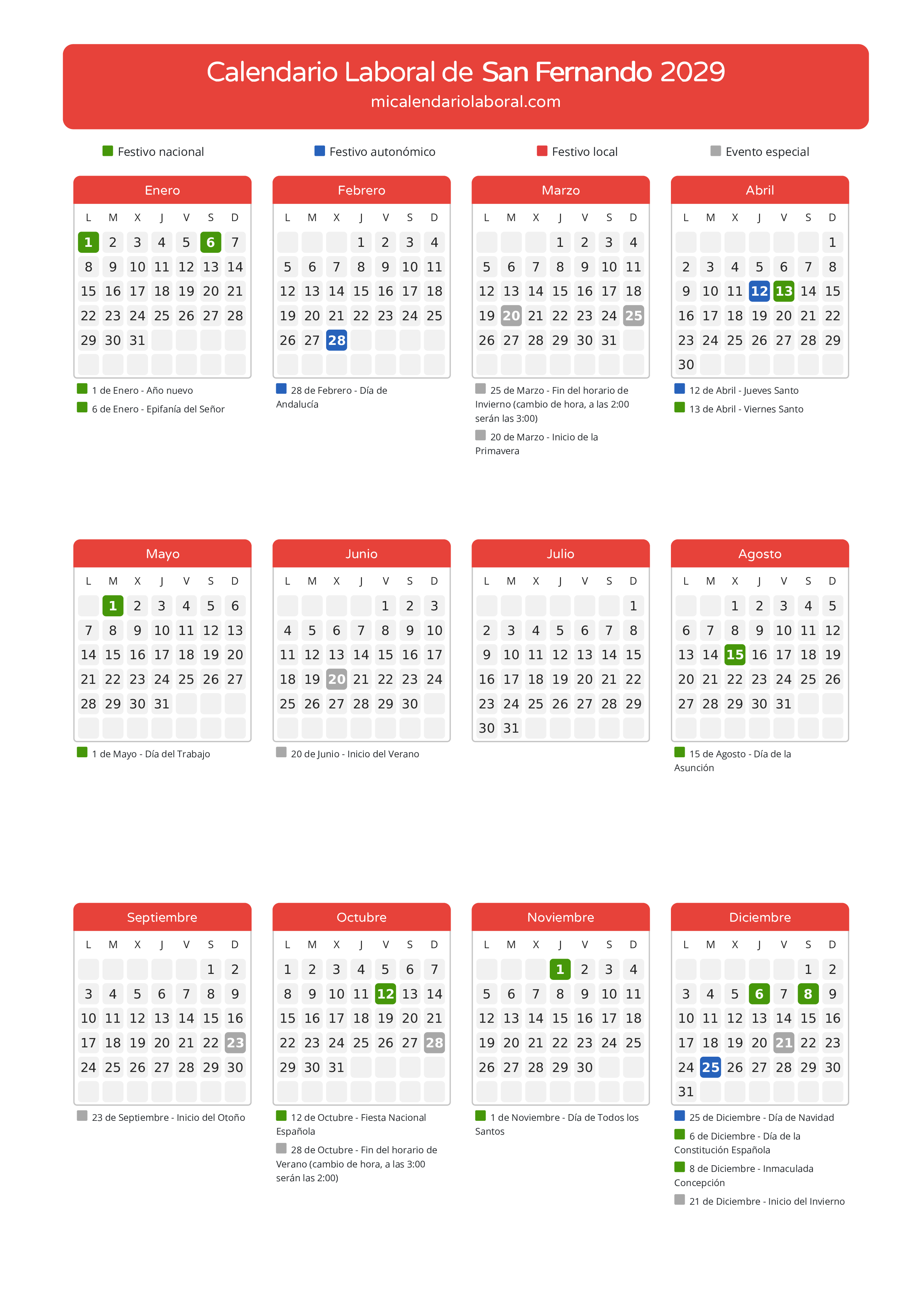 Calendario Laboral de San Fernando 2029 - Días festivos - Descubre todos los festivos, días no laborables y días inhábiles en el calendario de San Fernando propuestos por Junta de Andalucía. Organiza tus vacaciones y puentes en 2029.