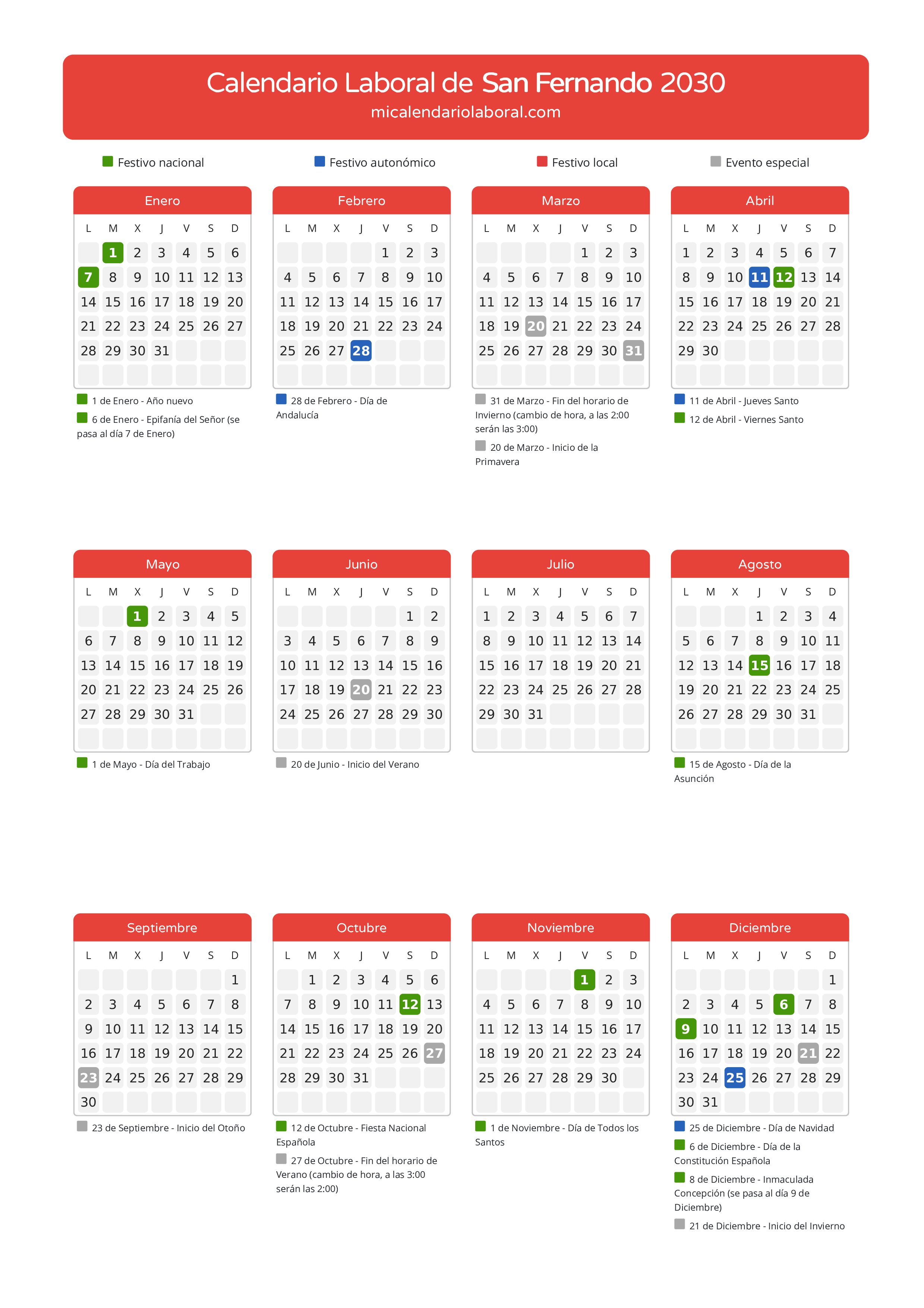 Calendario Laboral de San Fernando 2030 - Días festivos - Todos los festivos y días no laborables del calendario de San Fernando propuestos por Junta de Andalucía. Organiza tus vacaciones y puentes en 2030.