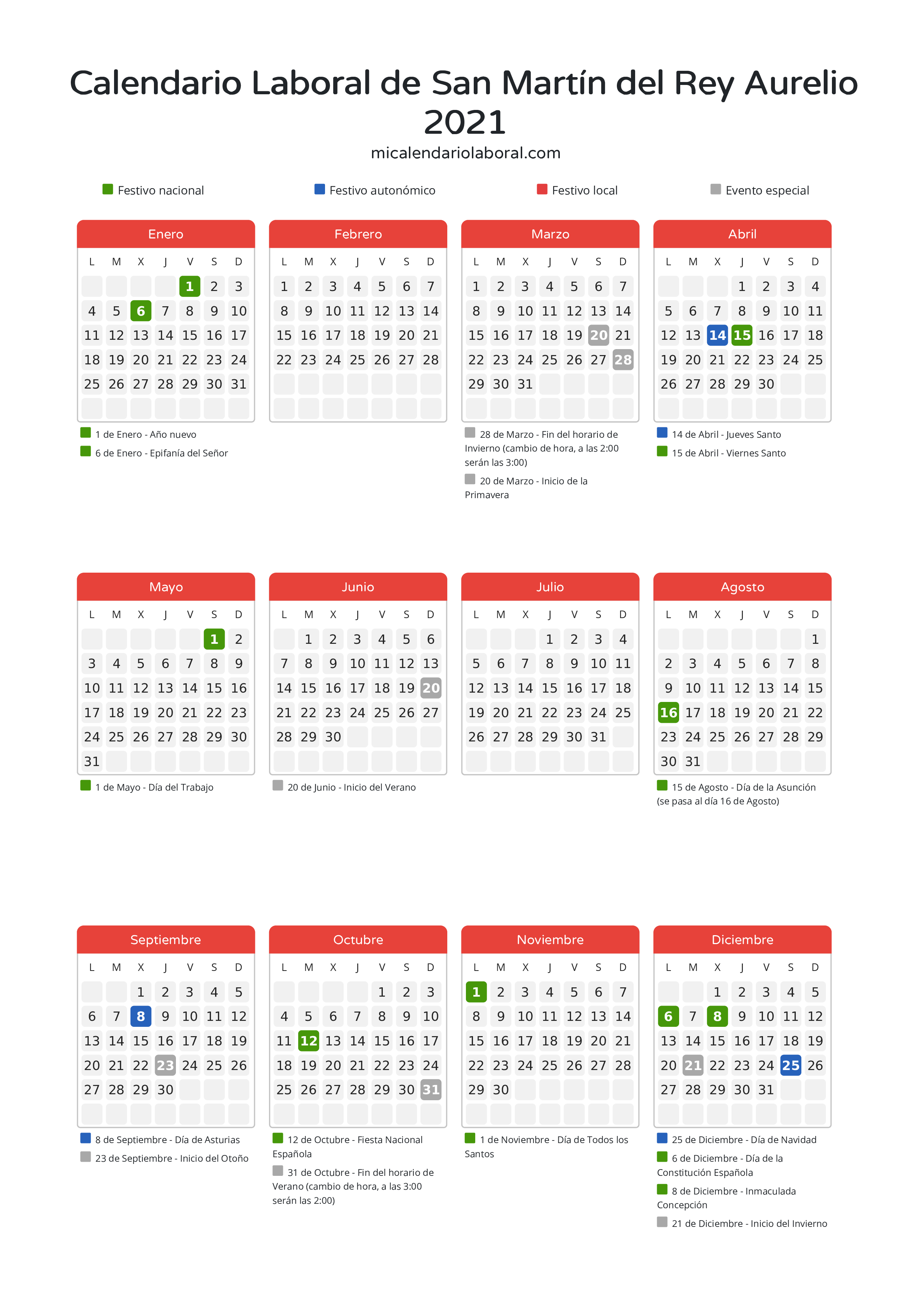 Calendario Laboral de San Martín del Rey Aurelio 2021 - Días festivos - Descubre todos los festivos, días no laborables y días inhábiles en el calendario de San Martín del Rey Aurelio propuestos por Gobierno del Principado de Asturias. Organiza tus vacaciones y puentes en 2021.