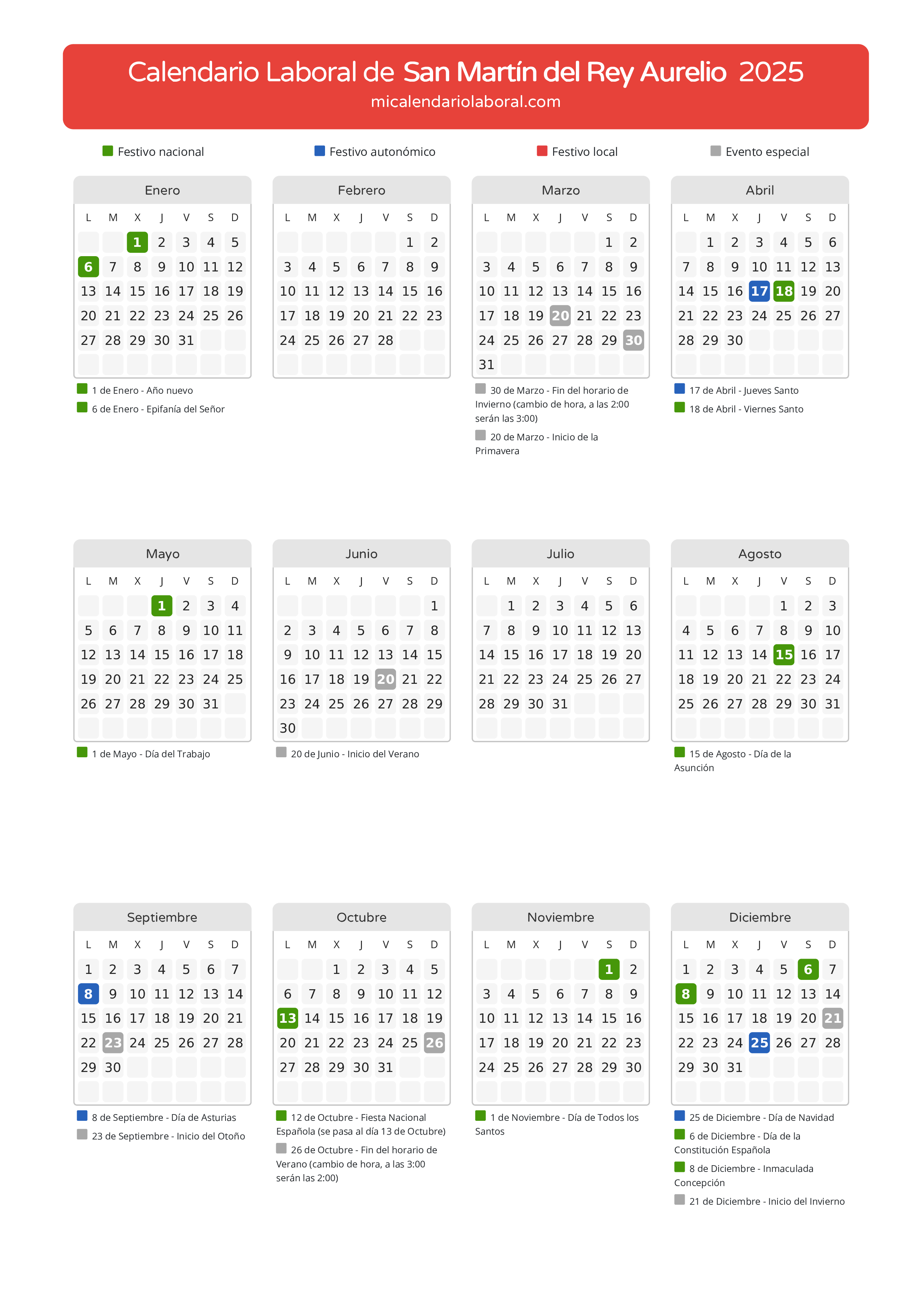 Calendario Laboral de San Martín del Rey Aurelio 2025 - Días festivos - Descubre todos los festivos, días no laborables y días inhábiles en el calendario de la provincia de San Martín del Rey Aurelio propuestos por Gobierno del Principado de Asturias. Anticípate a los eventos y organiza tus vacaciones y puentes en 2025.