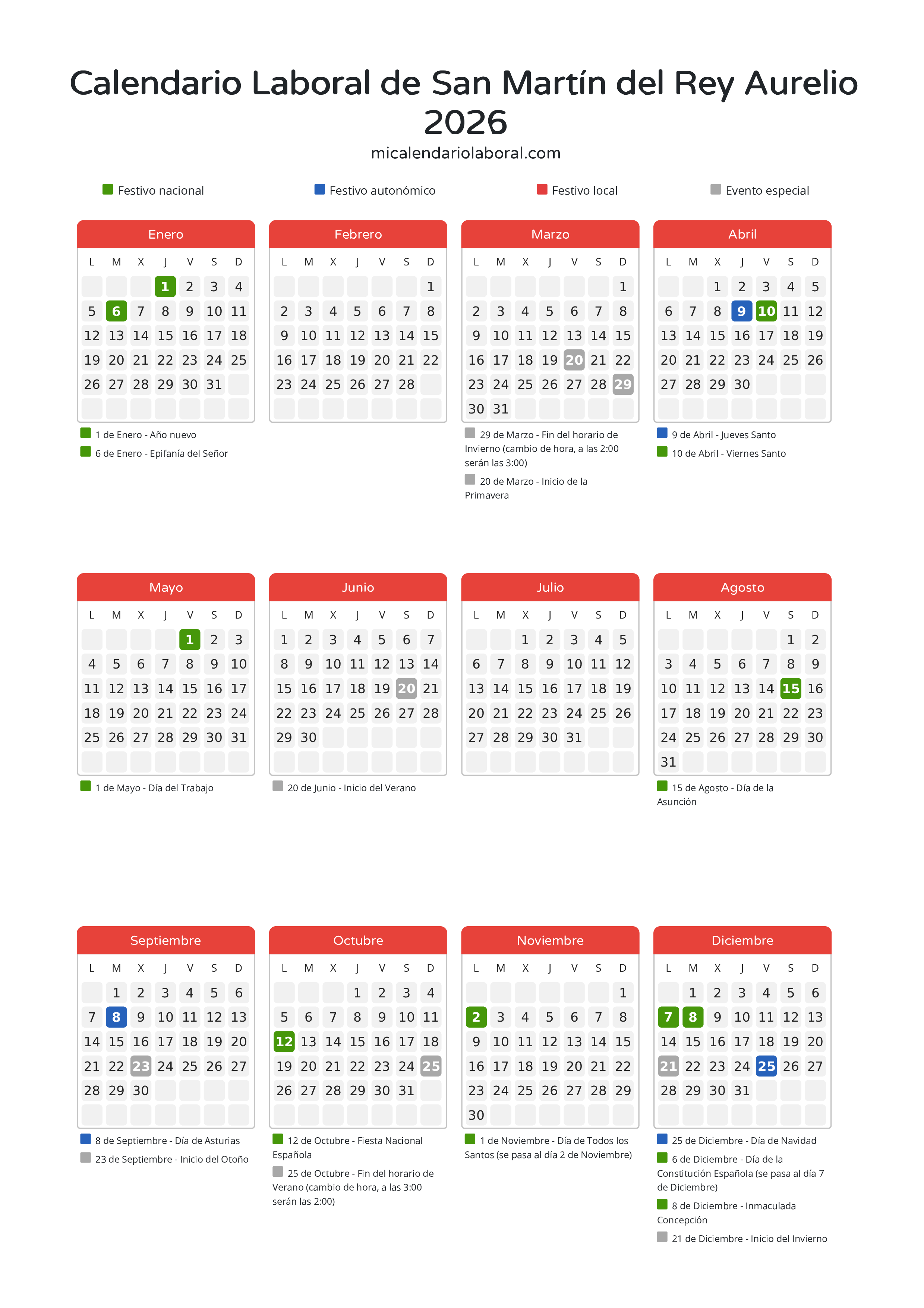 Calendario Laboral de San Martín del Rey Aurelio 2026 - Días festivos - Descubre todos los festivos, días no laborables y días inhábiles en el calendario de San Martín del Rey Aurelio propuestos por Gobierno del Principado de Asturias. Organiza tus vacaciones y puentes en 2026.