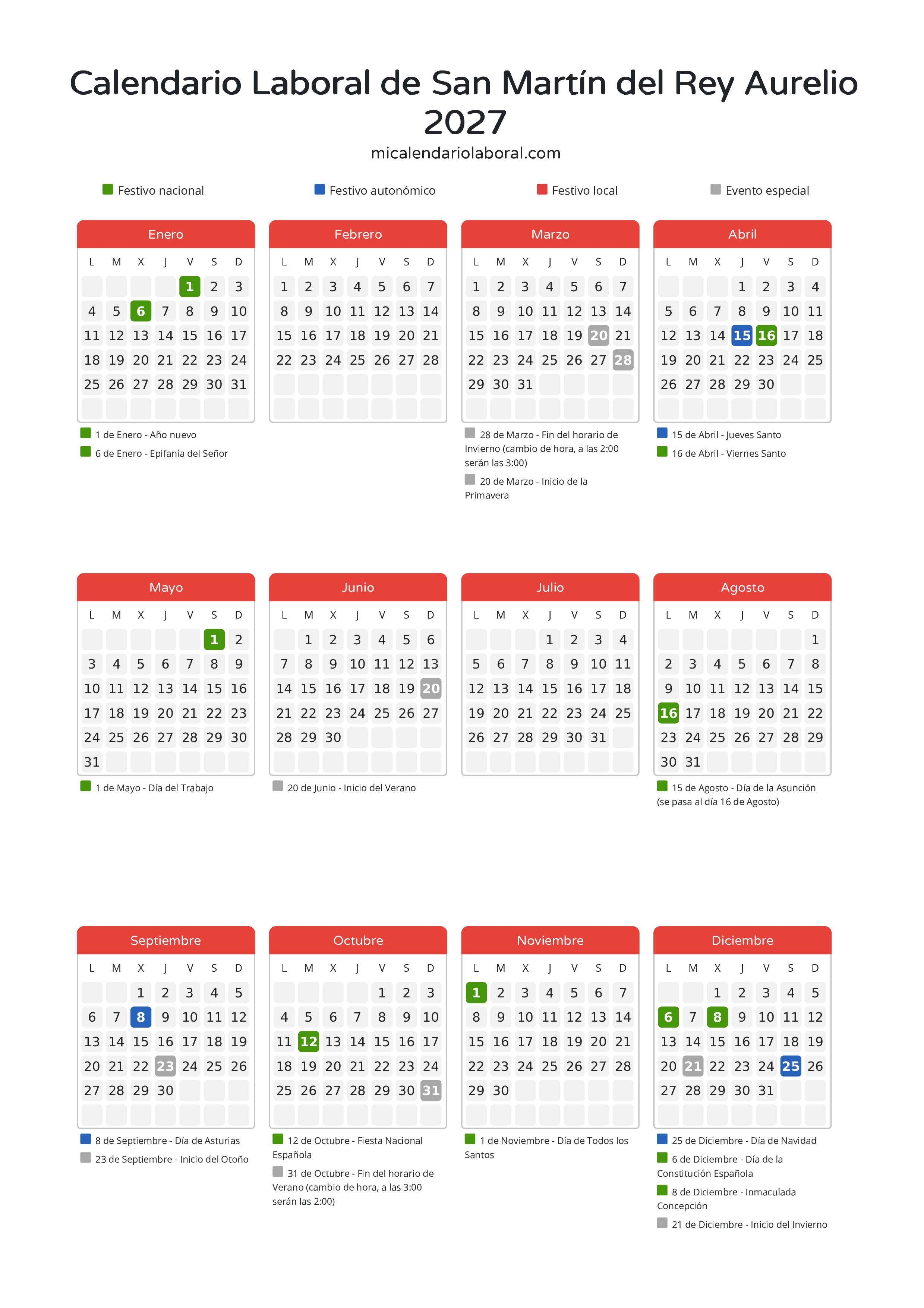 Calendario Laboral de San Martín del Rey Aurelio 2027 - Días festivos - Descubre todos los festivos, días no laborables y días inhábiles en el calendario de San Martín del Rey Aurelio propuestos por Gobierno del Principado de Asturias. Organiza tus vacaciones y puentes en 2027.