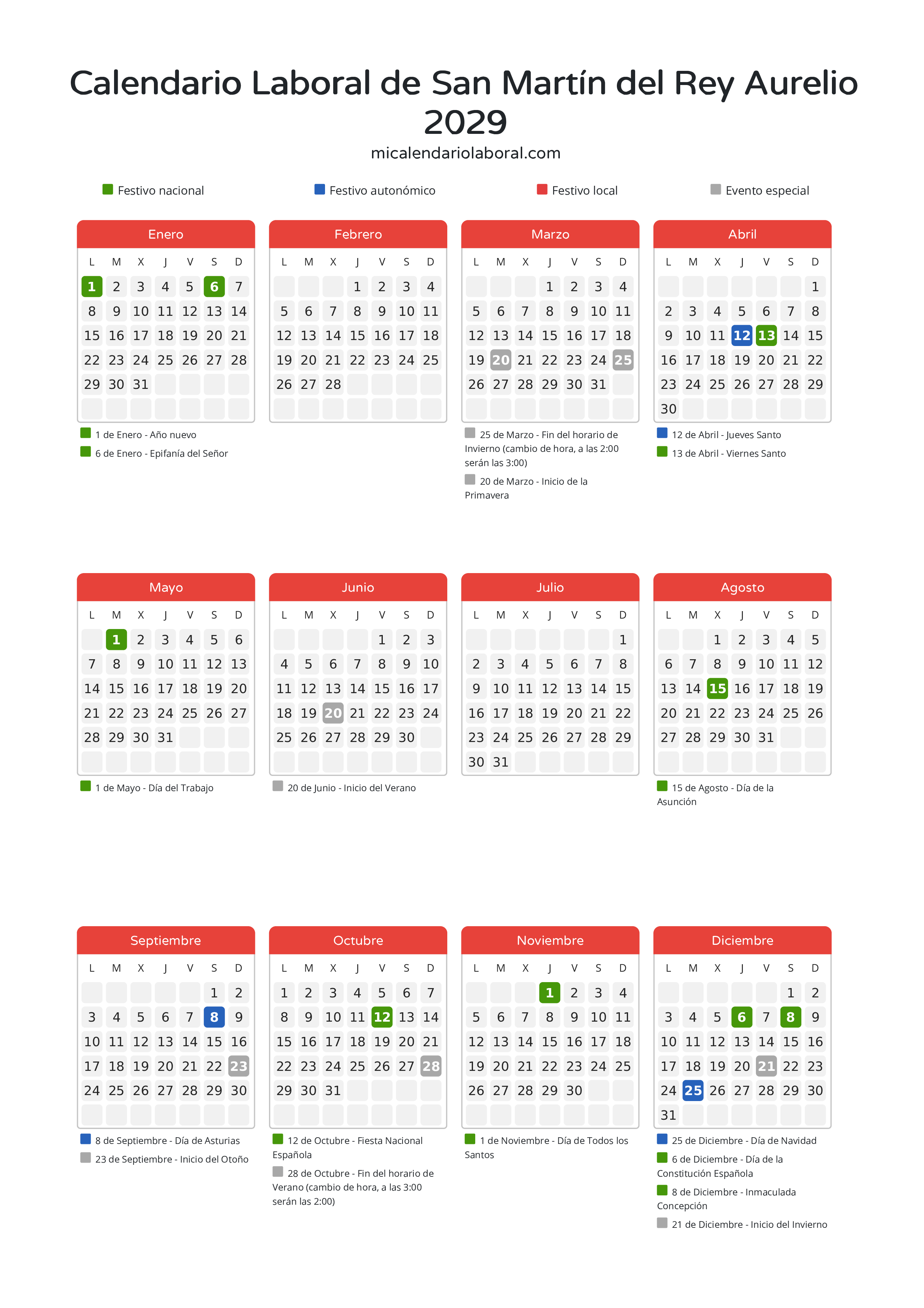 Calendario Laboral de San Martín del Rey Aurelio 2029 - Días festivos - Descubre todos los festivos, días no laborables y días inhábiles en el calendario de San Martín del Rey Aurelio propuestos por Gobierno del Principado de Asturias. Organiza tus vacaciones y puentes en 2029.
