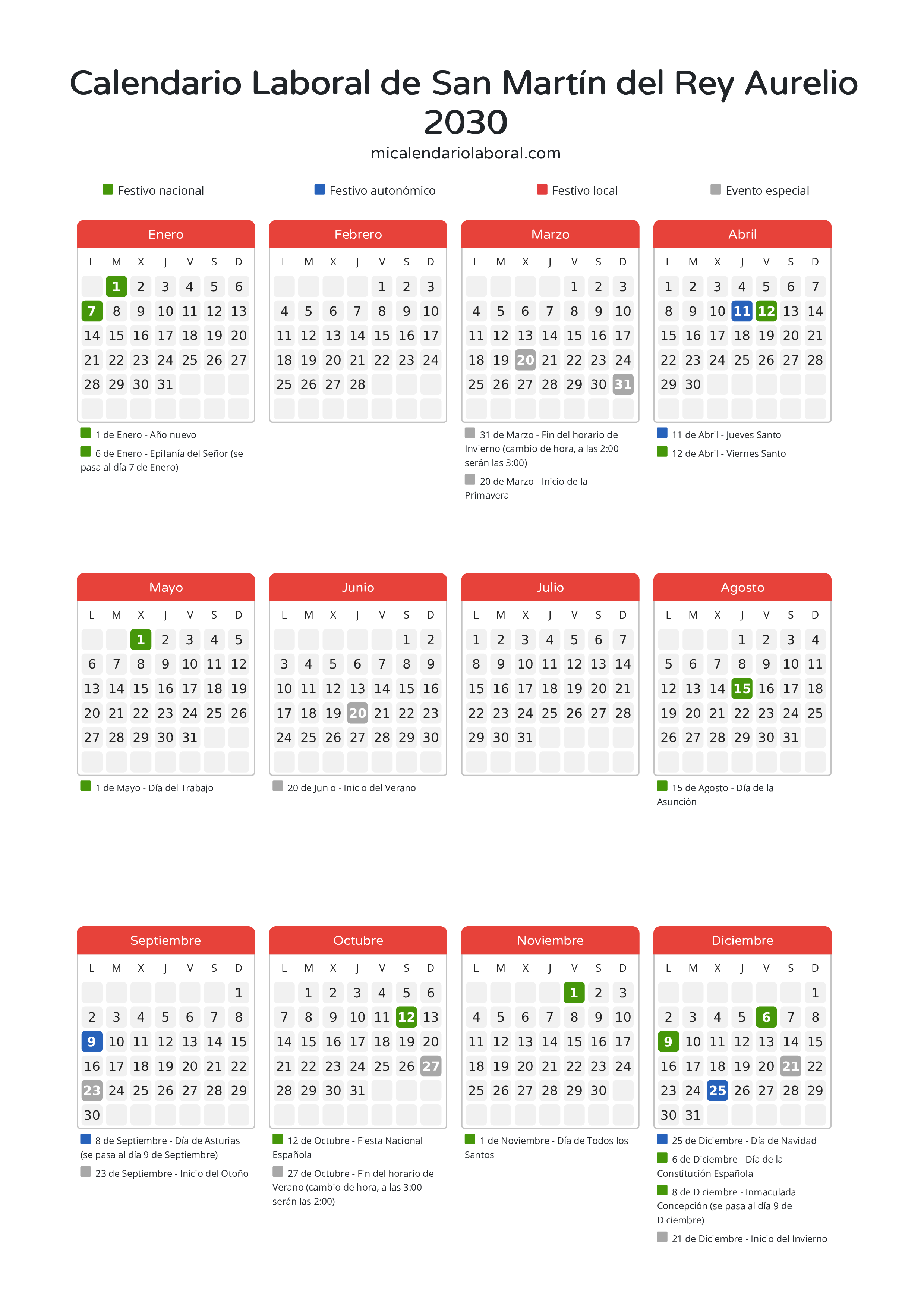 Calendario Laboral de San Martín del Rey Aurelio 2030 - Días festivos - Todos los festivos y días no laborables del calendario de San Martín del Rey Aurelio propuestos por Gobierno del Principado de Asturias. Organiza tus vacaciones y puentes en 2030.