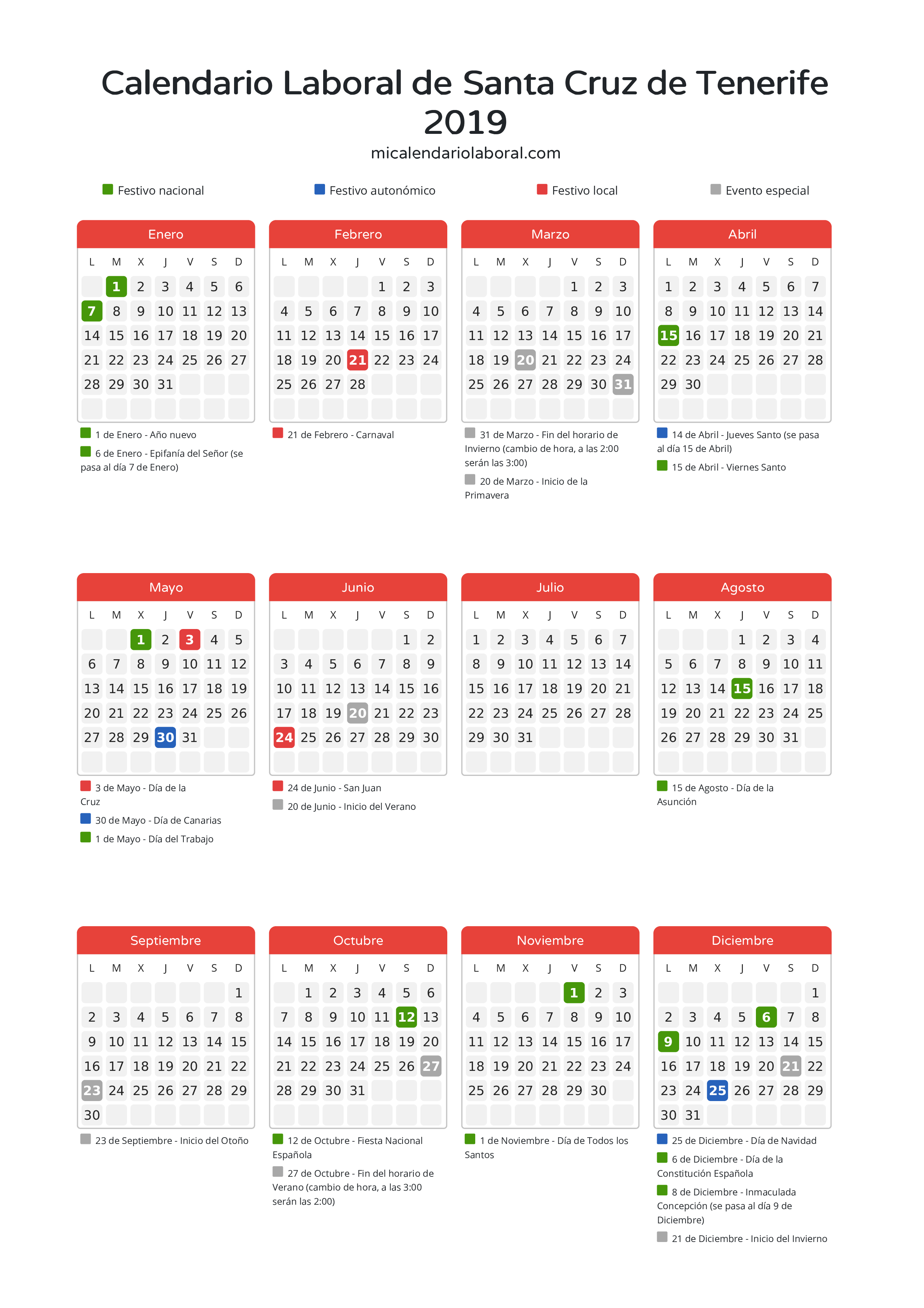 Calendario Laboral de Santa Cruz de Tenerife 2019 - Días festivos - Descubre todos los festivos, días no laborables y días inhábiles en el calendario de Santa Cruz de Tenerife propuestos por Gobierno de Canarias. Organiza tus vacaciones y puentes en 2019.