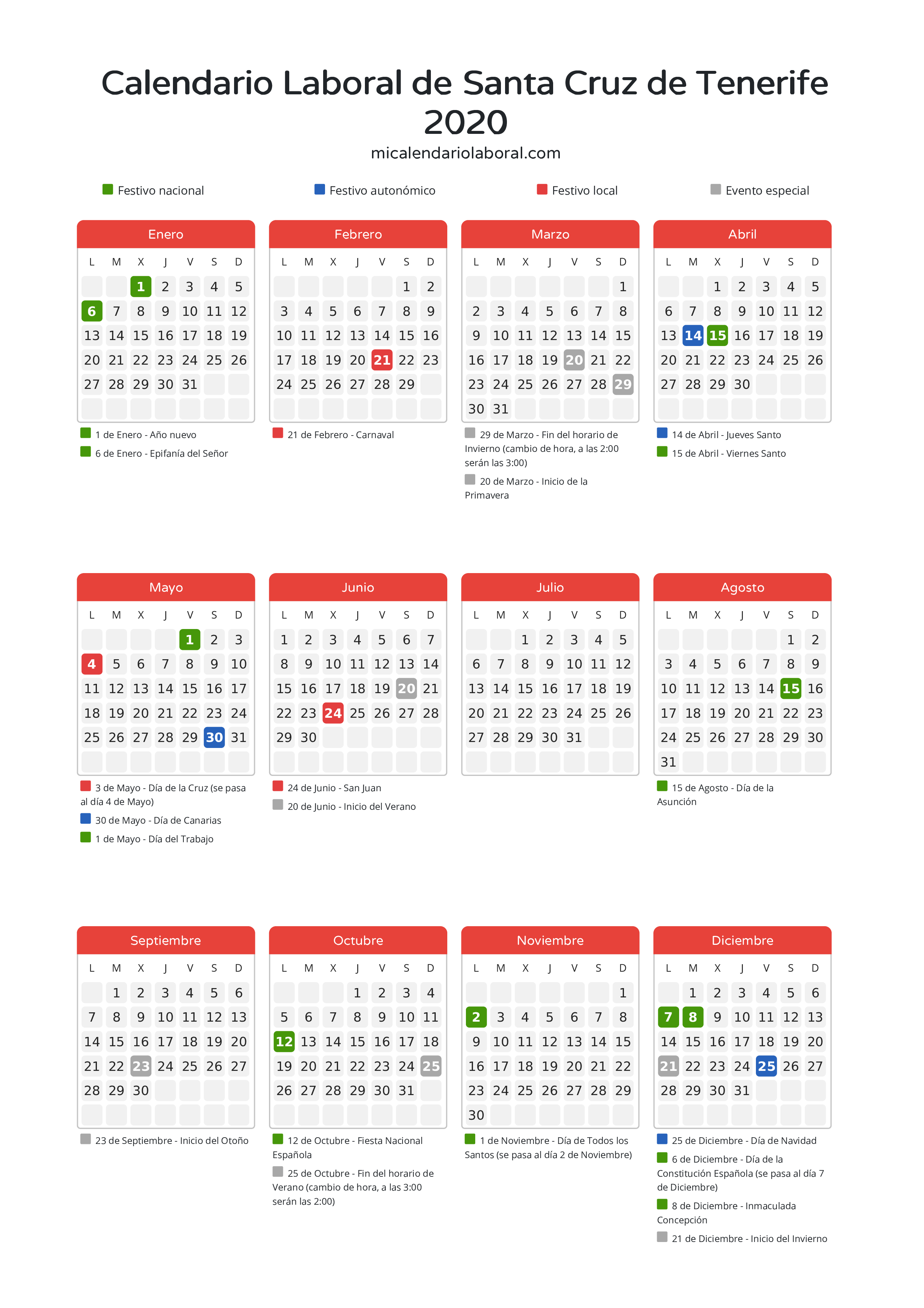 Calendario Laboral de Santa Cruz de Tenerife 2020 - Días festivos - Descubre todos los festivos, días no laborables y días inhábiles en el calendario de Santa Cruz de Tenerife propuestos por Gobierno de Canarias. Organiza tus vacaciones y puentes en 2020.