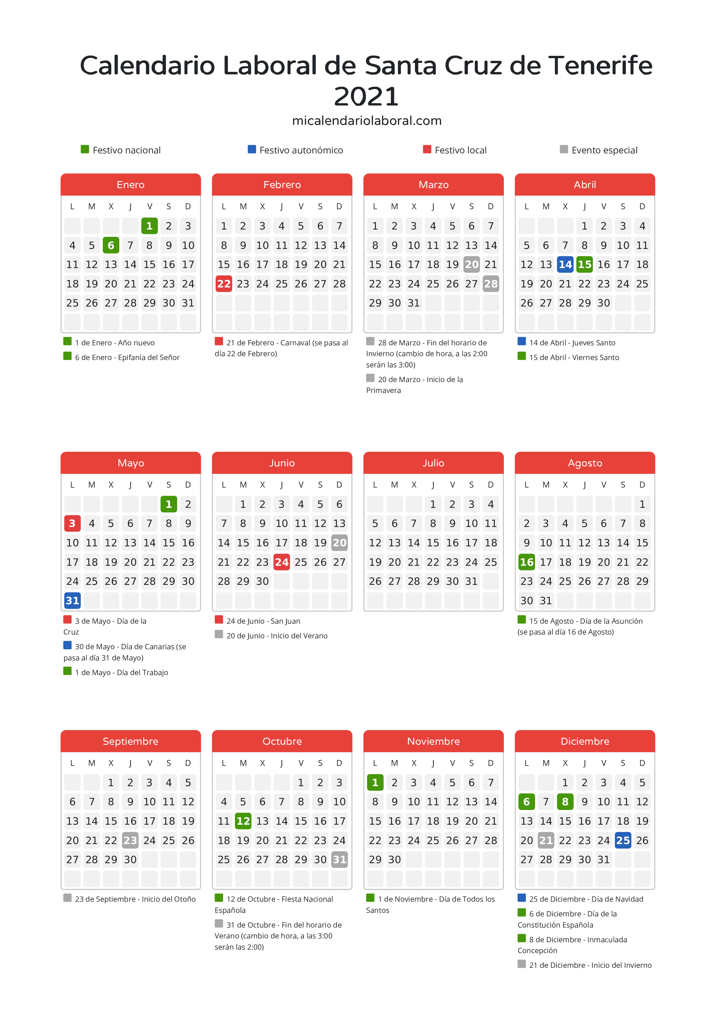 Calendario Laboral de Santa Cruz de Tenerife 2021 - Días festivos - Descubre todos los festivos, días no laborables y días inhábiles en el calendario de Santa Cruz de Tenerife propuestos por Gobierno de Canarias. Organiza tus vacaciones y puentes en 2021.