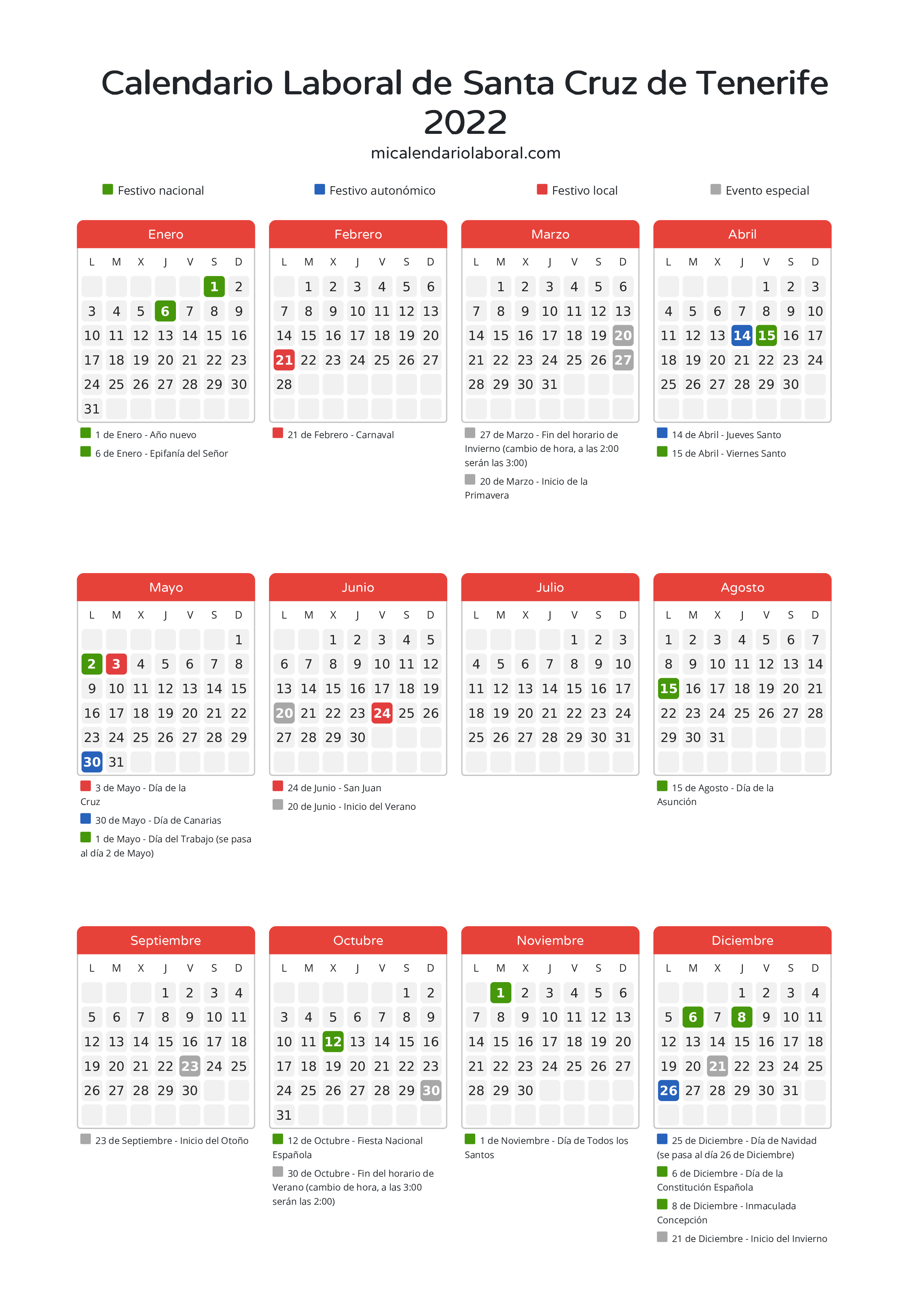 Calendario Laboral de Santa Cruz de Tenerife 2022 - Días festivos - Descubre todos los festivos, días no laborables y días inhábiles en el calendario de Santa Cruz de Tenerife propuestos por Gobierno de Canarias. Organiza tus vacaciones y puentes en 2022.