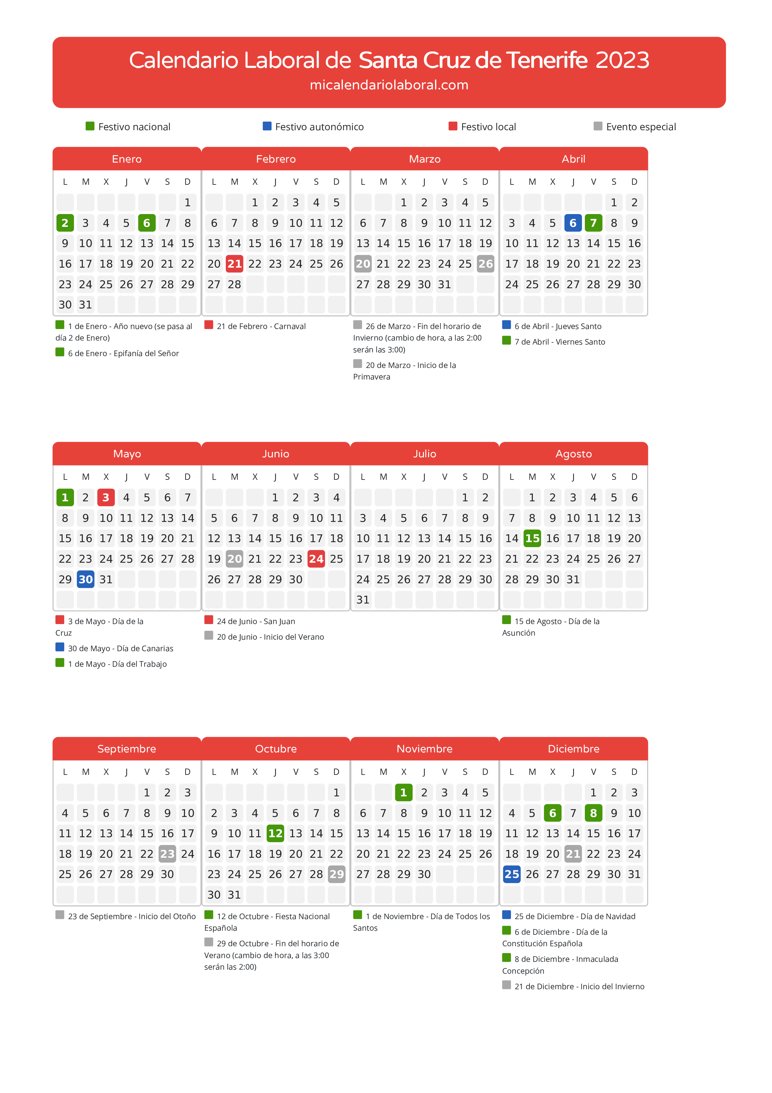 Calendario Laboral de Santa Cruz de Tenerife 2023 - Días festivos - Descubre todos los festivos, días no laborables y días inhábiles en el calendario de Santa Cruz de Tenerife propuestos por Gobierno de Canarias. Organiza tus vacaciones y puentes en 2023.