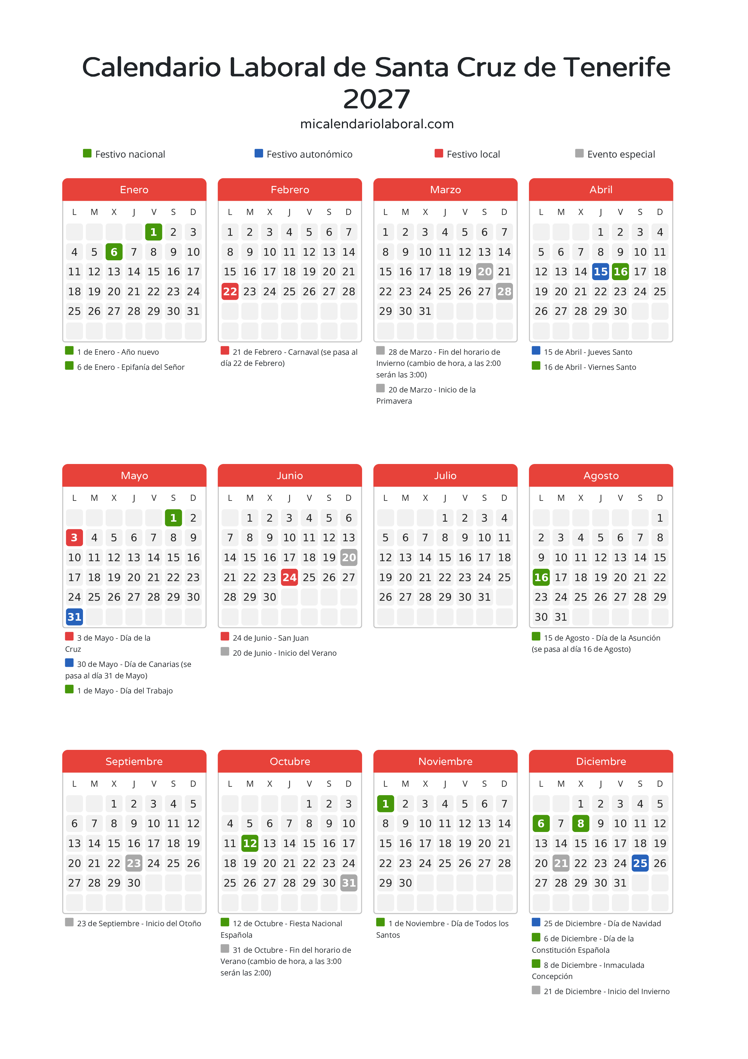 Calendario Laboral de Santa Cruz de Tenerife 2027 - Días festivos - Descubre todos los festivos, días no laborables y días inhábiles en el calendario de Santa Cruz de Tenerife propuestos por Gobierno de Canarias. Organiza tus vacaciones y puentes en 2027.