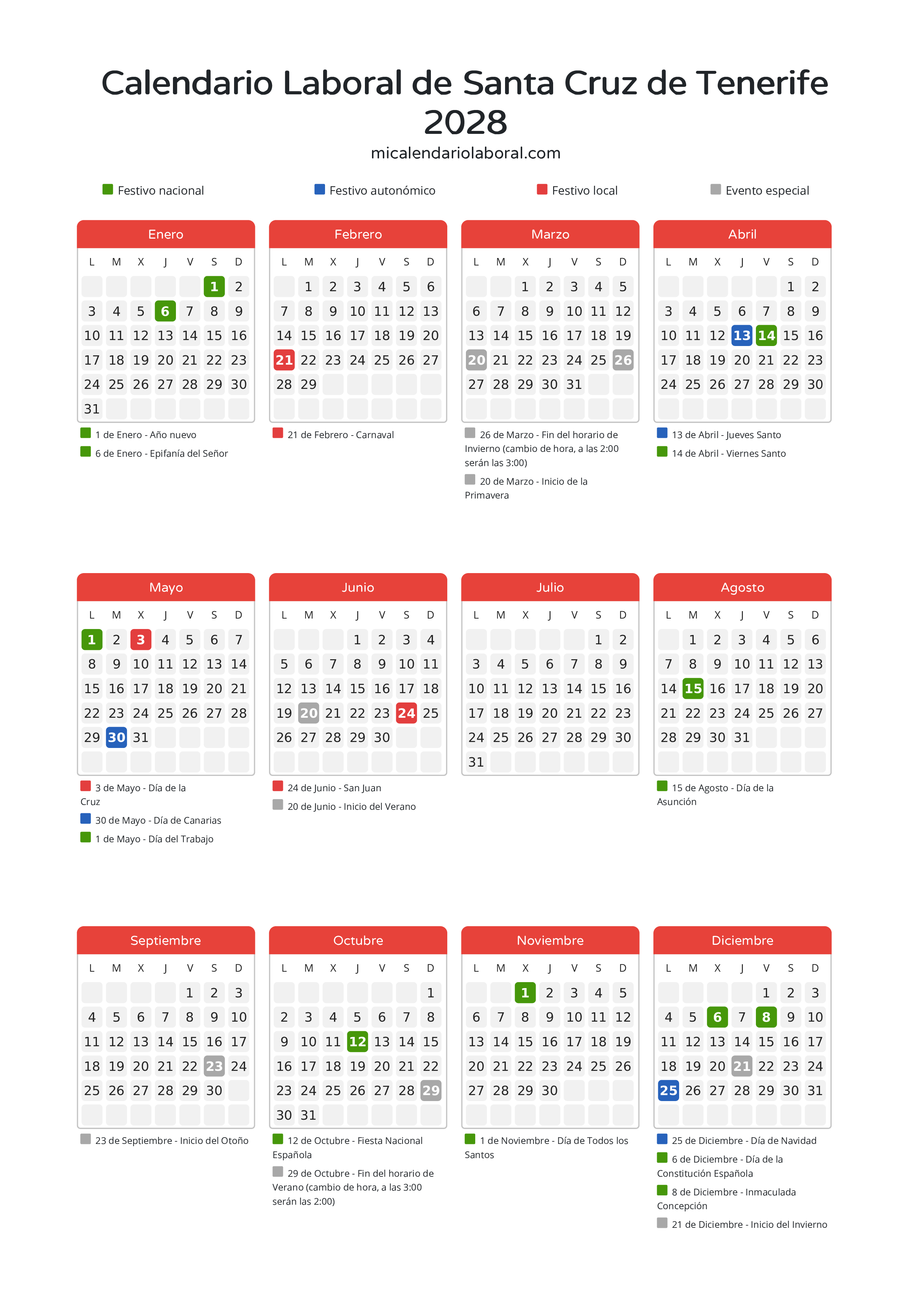 Calendario Laboral de Santa Cruz de Tenerife 2028 - Días festivos - Descubre todos los festivos, días no laborables y días inhábiles en el calendario de Santa Cruz de Tenerife propuestos por Gobierno de Canarias. Organiza tus vacaciones y puentes en 2028.