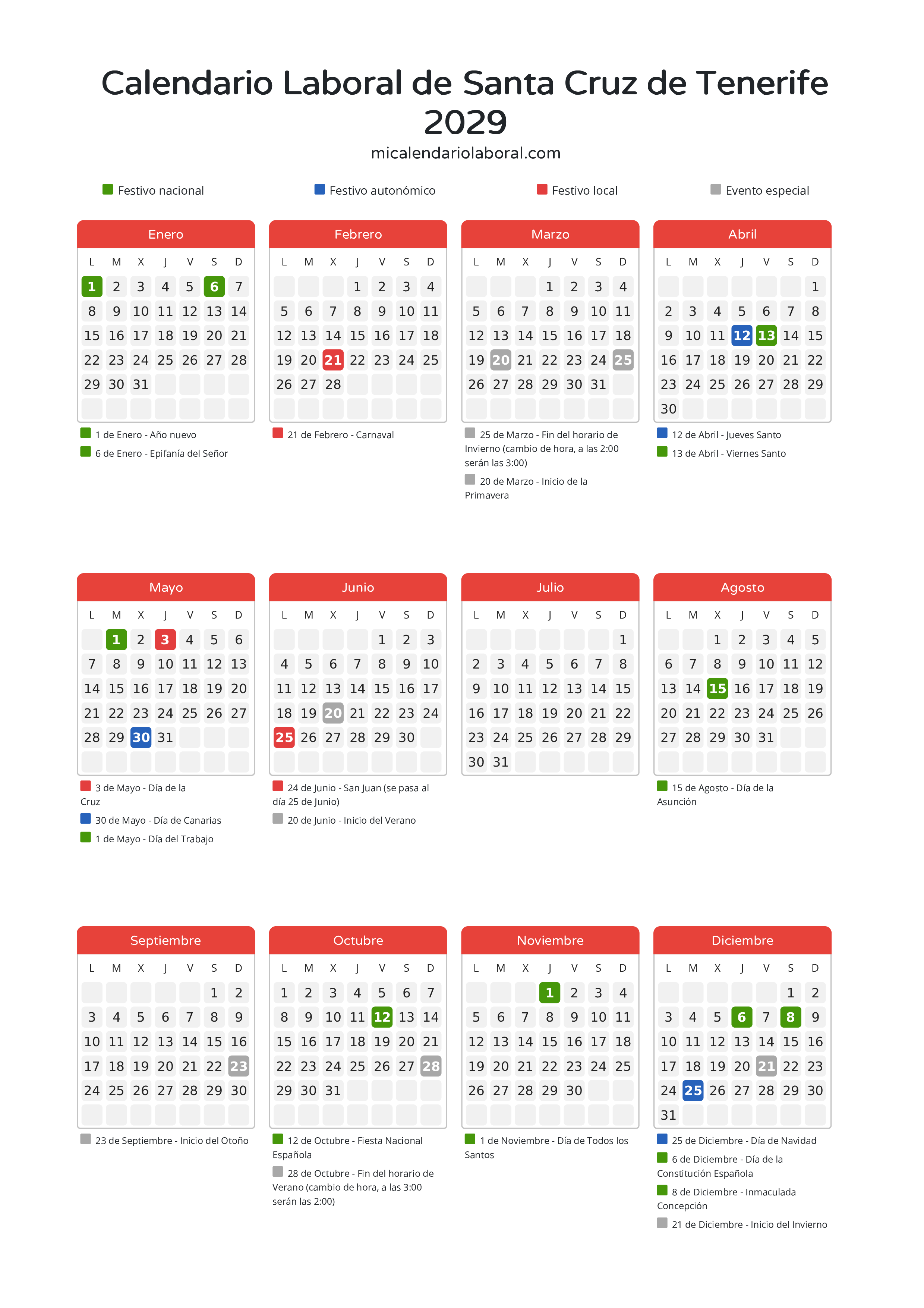 Calendario Laboral de Santa Cruz de Tenerife 2029 - Días festivos - Descubre todos los festivos, días no laborables y días inhábiles en el calendario de Santa Cruz de Tenerife propuestos por Gobierno de Canarias. Organiza tus vacaciones y puentes en 2029.