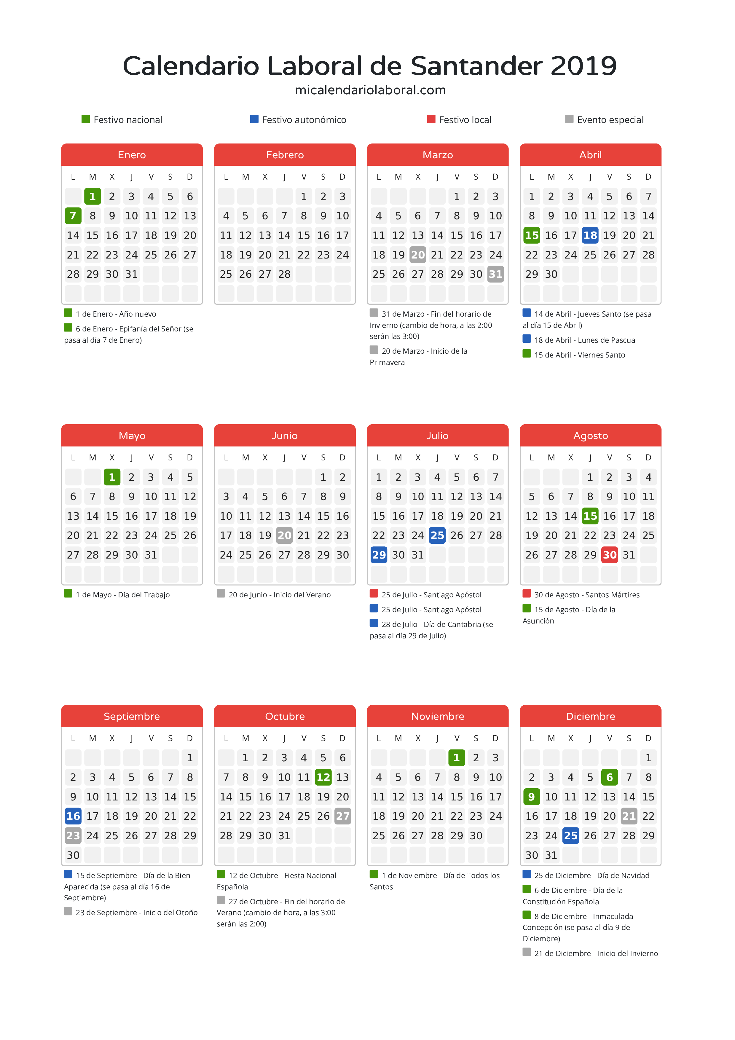 Calendario Laboral de Santander 2019 - Días festivos - Descubre todos los festivos, días no laborables y días inhábiles en el calendario de Santander propuestos por Gobierno de Cantabria. Organiza tus vacaciones y puentes en 2019.