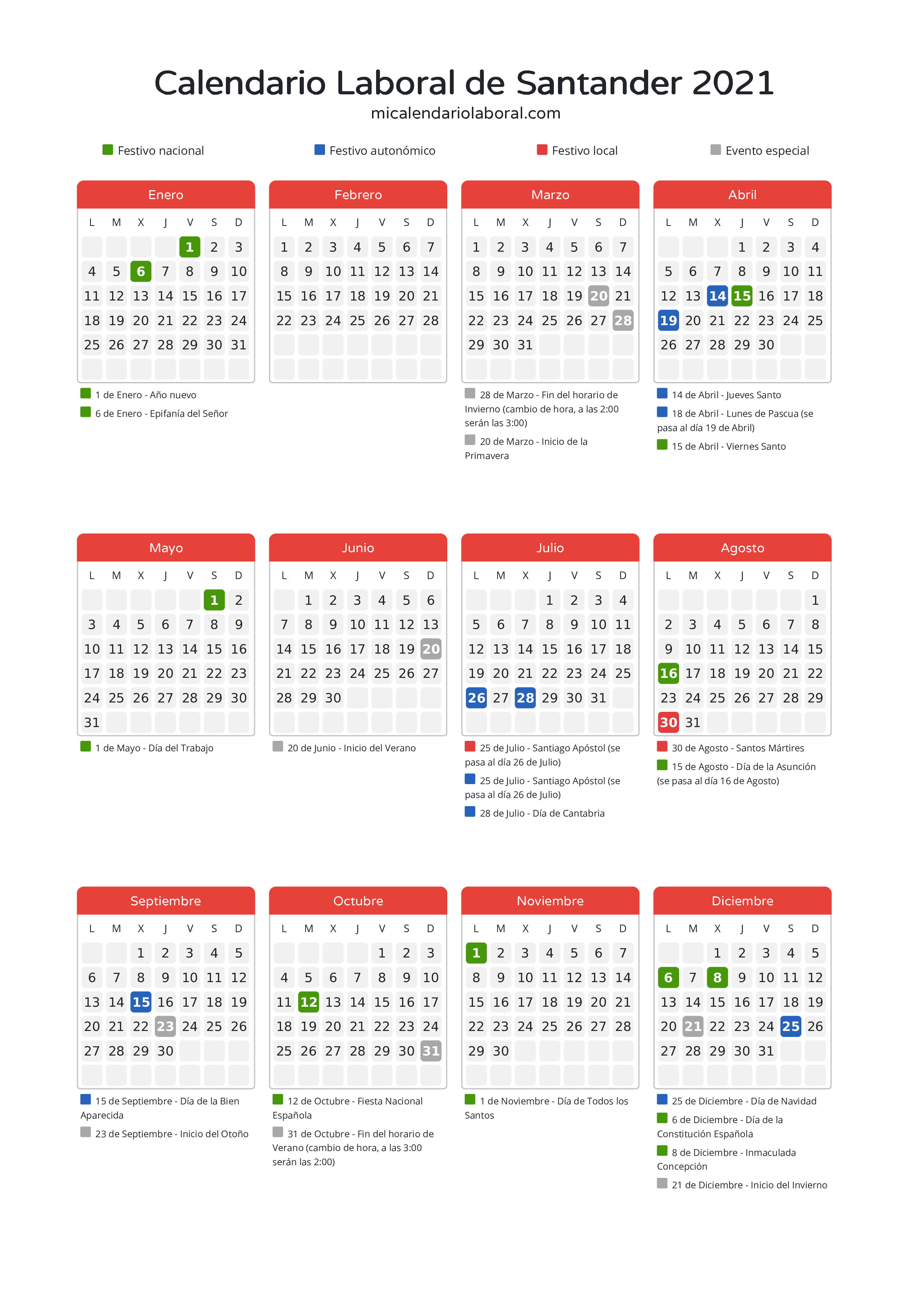 Calendario Laboral de Santander 2021 - Días festivos - Descubre todos los festivos, días no laborables y días inhábiles en el calendario de Santander propuestos por Gobierno de Cantabria. Organiza tus vacaciones y puentes en 2021.