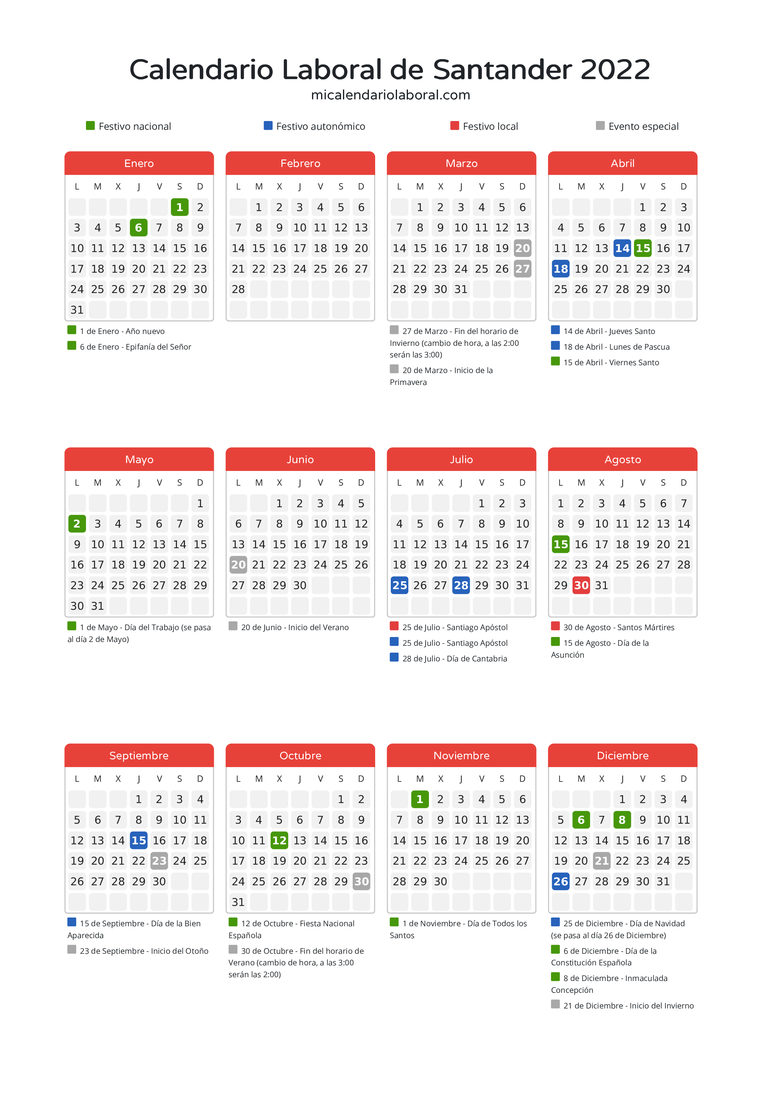 Calendario Laboral de Santander 2022 - Días festivos - Descubre todos los festivos, días no laborables y días inhábiles en el calendario de Santander propuestos por Gobierno de Cantabria. Organiza tus vacaciones y puentes en 2022.