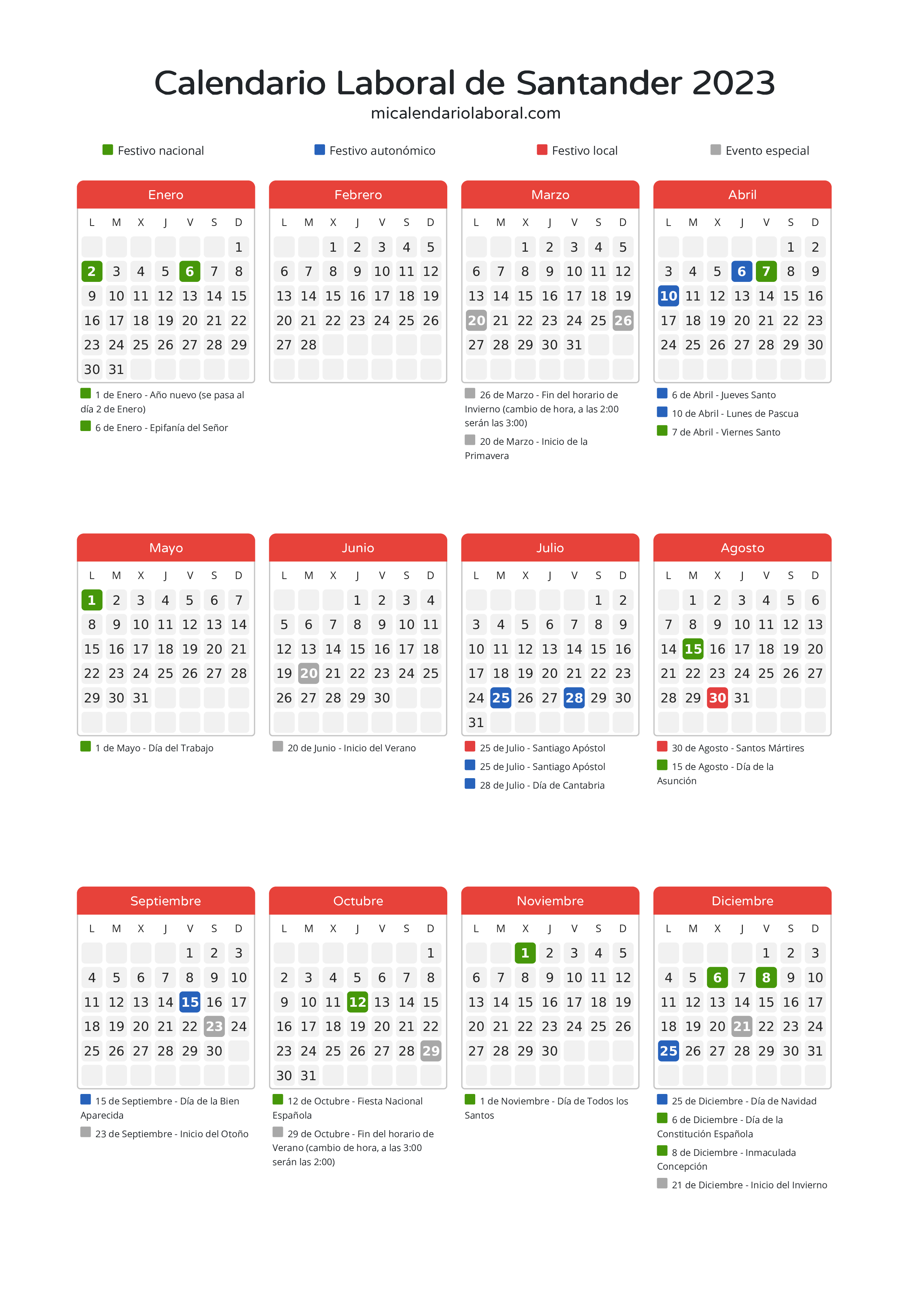 Calendario Laboral de Santander 2023 - Días festivos - Descubre todos los días festivos, no laborables y días inhábiles del calendario de la provincia de Santander para el año 2023. Tu guía completa de fechas importantes.