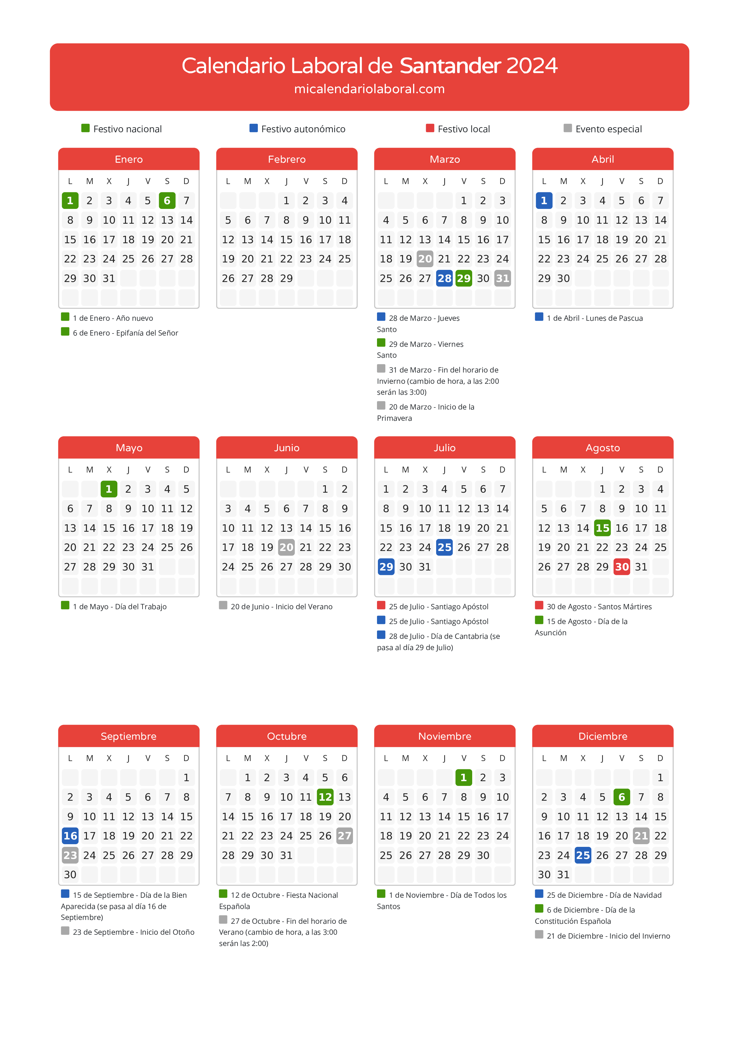 Calendario Laboral de Santander 2024 - Días festivos - Descubre todos los días festivos, no laborables y días inhábiles del calendario de la provincia de Santander para el año 2024. Tu guía completa de fechas importantes.