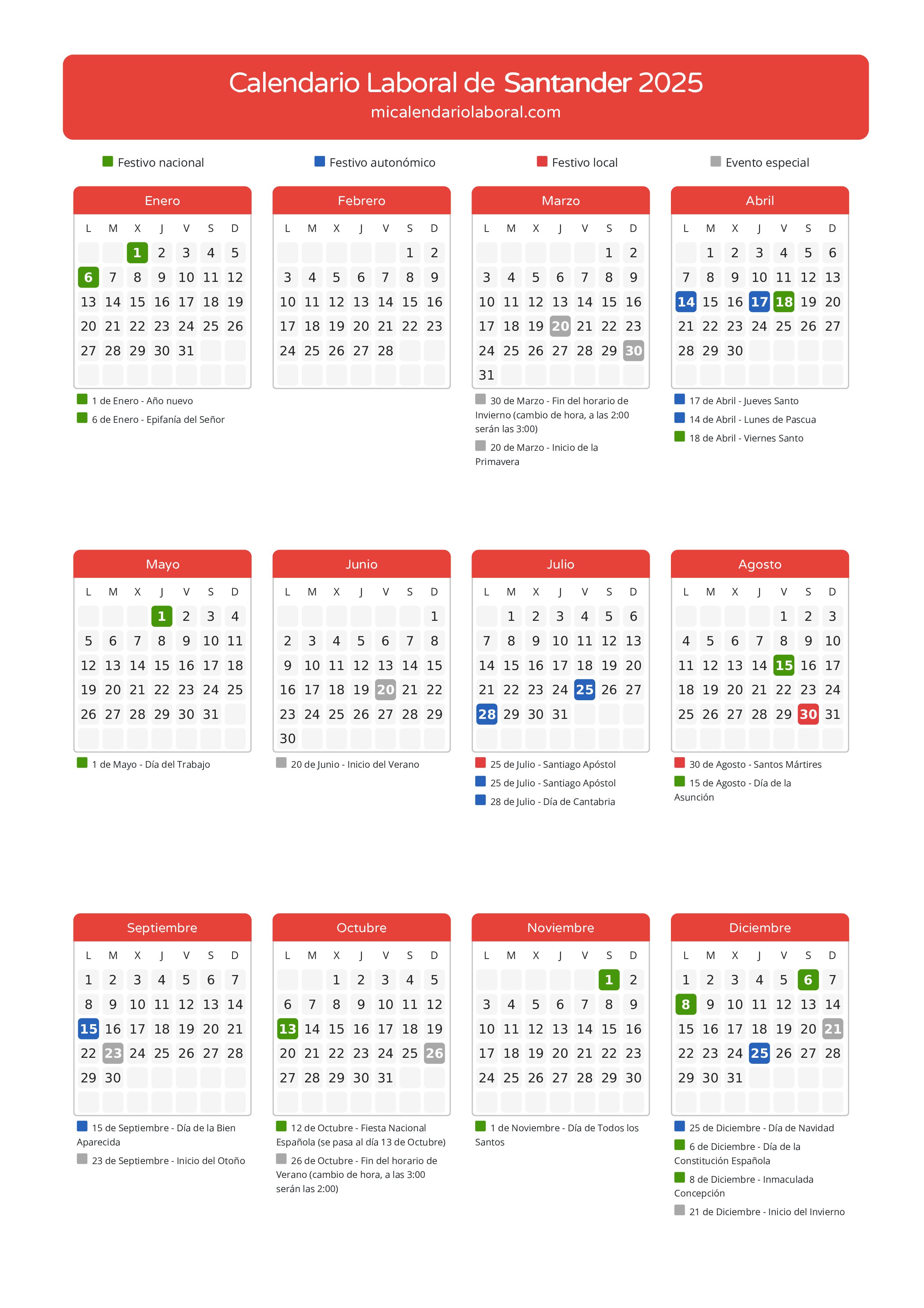 Calendario Laboral de Santander 2025 - Días festivos - Descubre todos los días festivos, no laborables y días inhábiles del calendario de la provincia de Santander para el año 2025. Tu guía completa de fechas importantes.