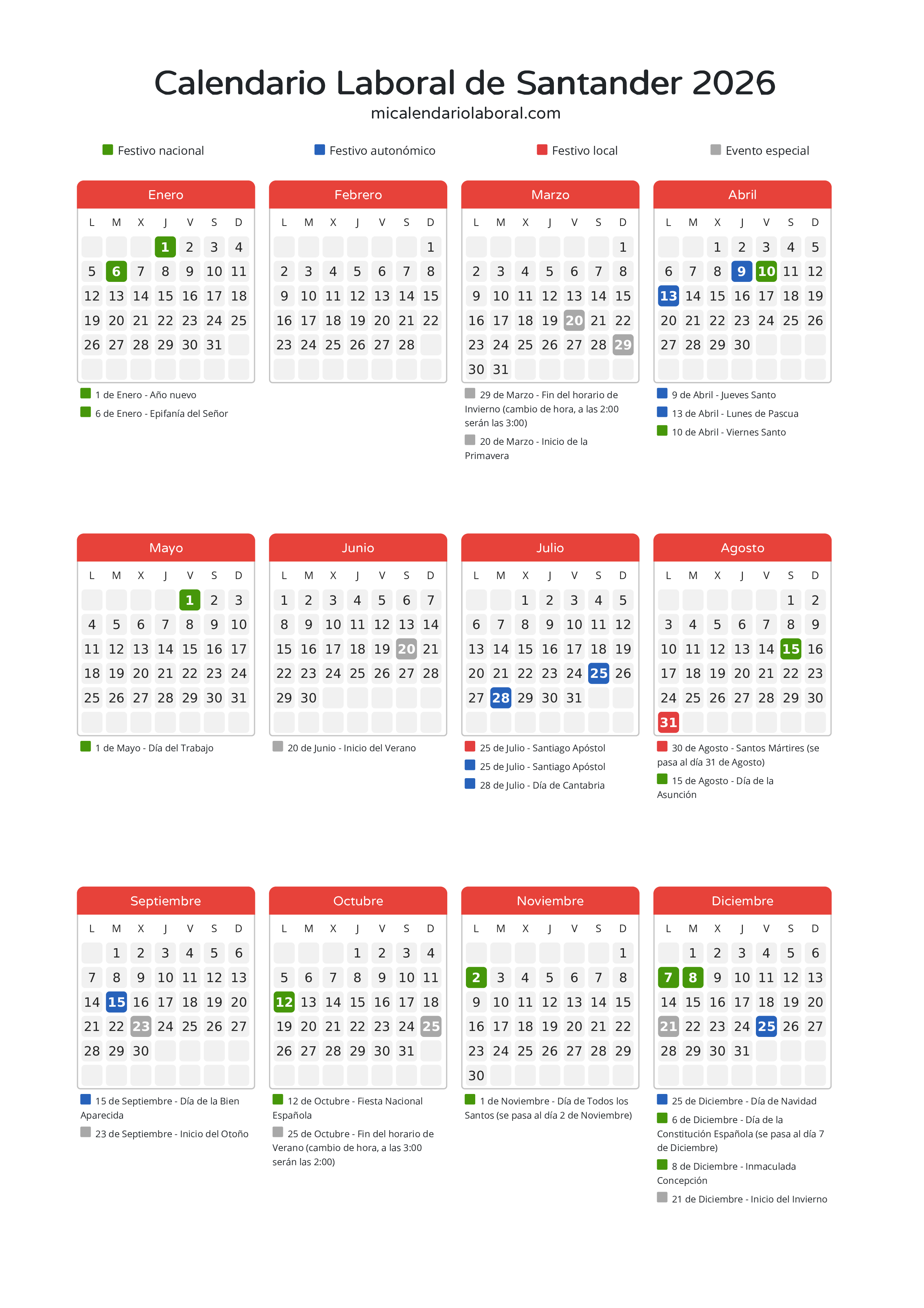 Calendario Laboral de Santander 2026 - Días festivos - Descubre todos los festivos, días no laborables y días inhábiles en el calendario de Santander propuestos por Gobierno de Cantabria. Organiza tus vacaciones y puentes en 2026.
