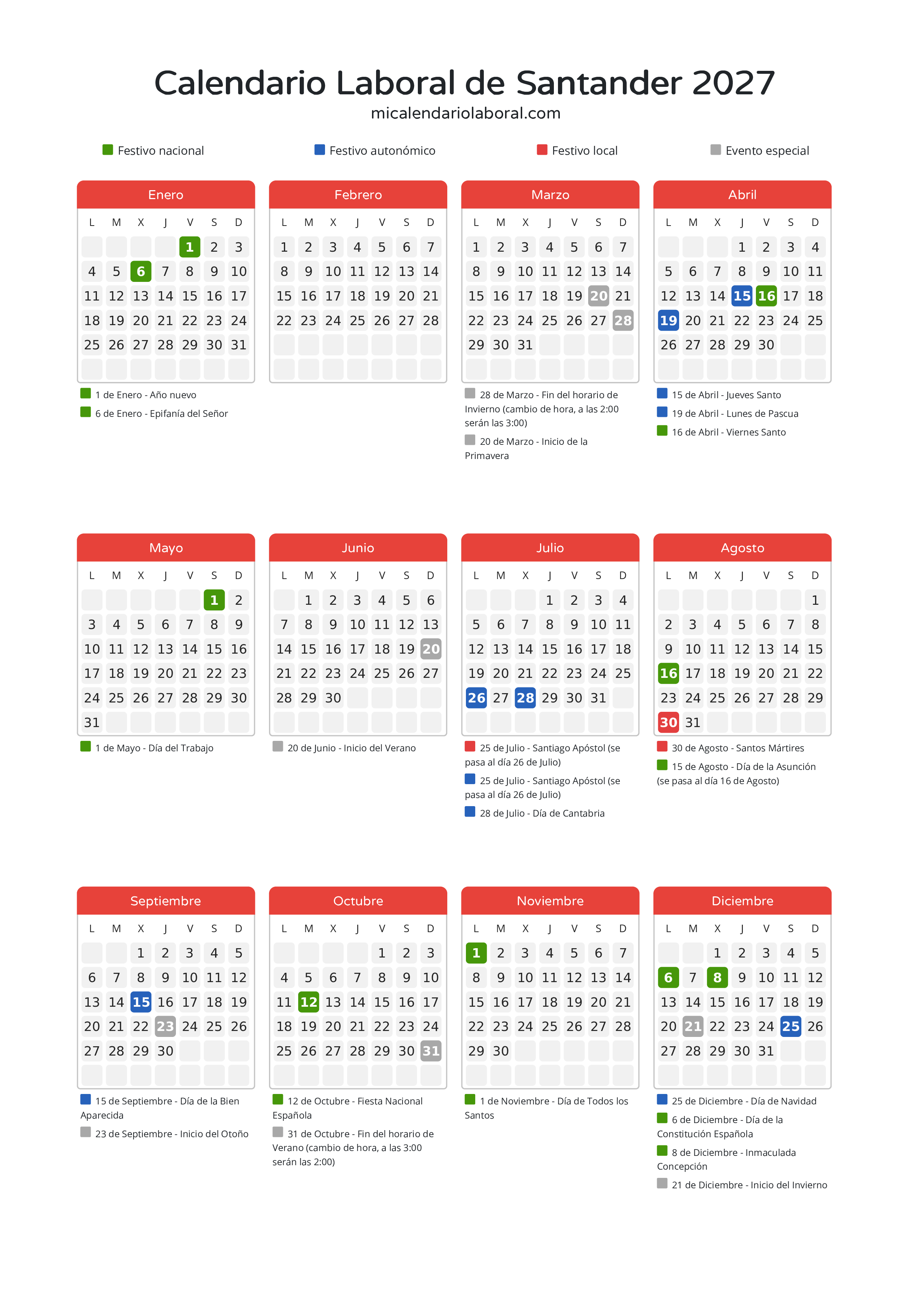 Calendario Laboral de Santander 2027 - Días festivos - Descubre todos los festivos, días no laborables y días inhábiles en el calendario de Santander propuestos por Gobierno de Cantabria. Organiza tus vacaciones y puentes en 2027.