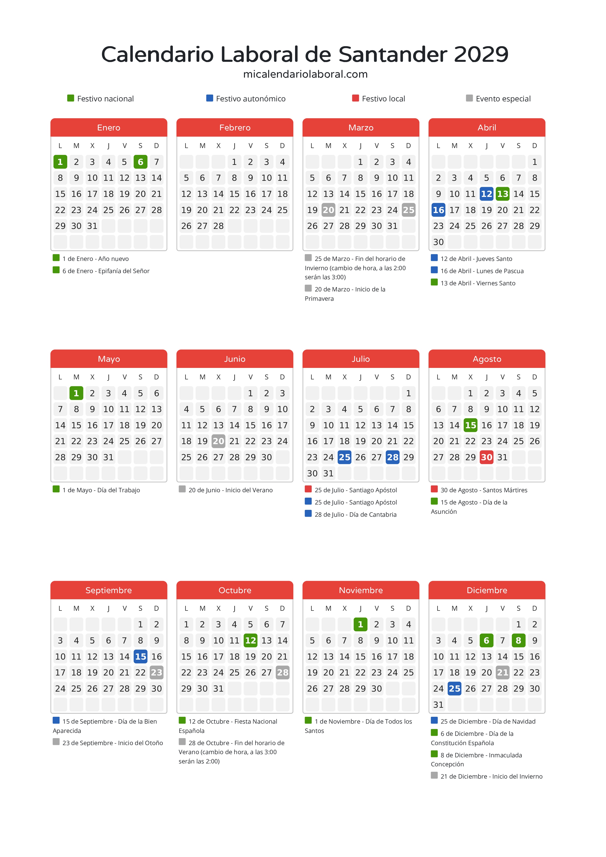 Calendario Laboral de Santander 2029 - Días festivos - Descubre todos los festivos, días no laborables y días inhábiles en el calendario de Santander propuestos por Gobierno de Cantabria. Organiza tus vacaciones y puentes en 2029.