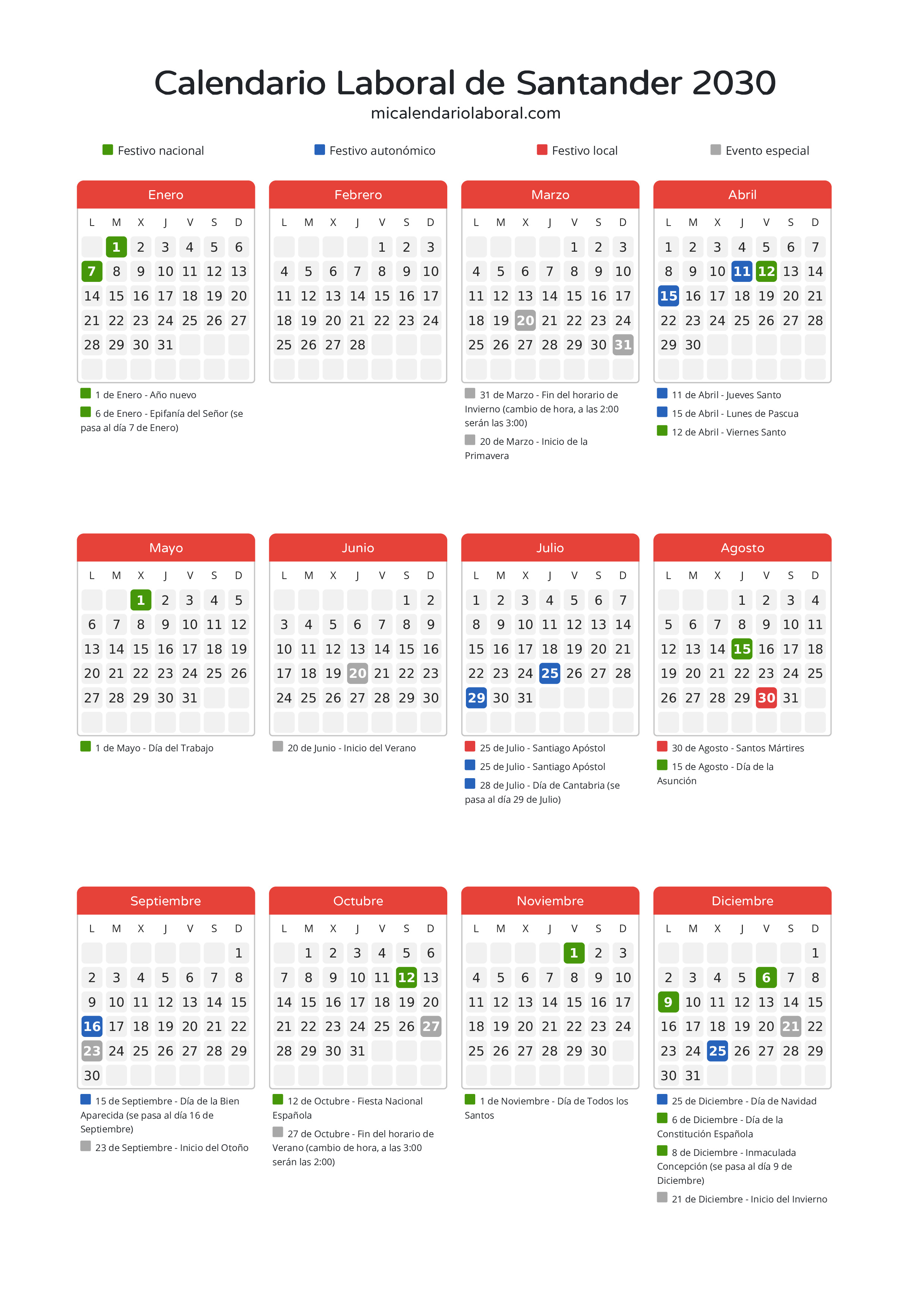 Calendario Laboral de Santander 2030 - Días festivos - Todos los festivos y días no laborables del calendario de Santander propuestos por Gobierno de Cantabria. Organiza tus vacaciones y puentes en 2030.