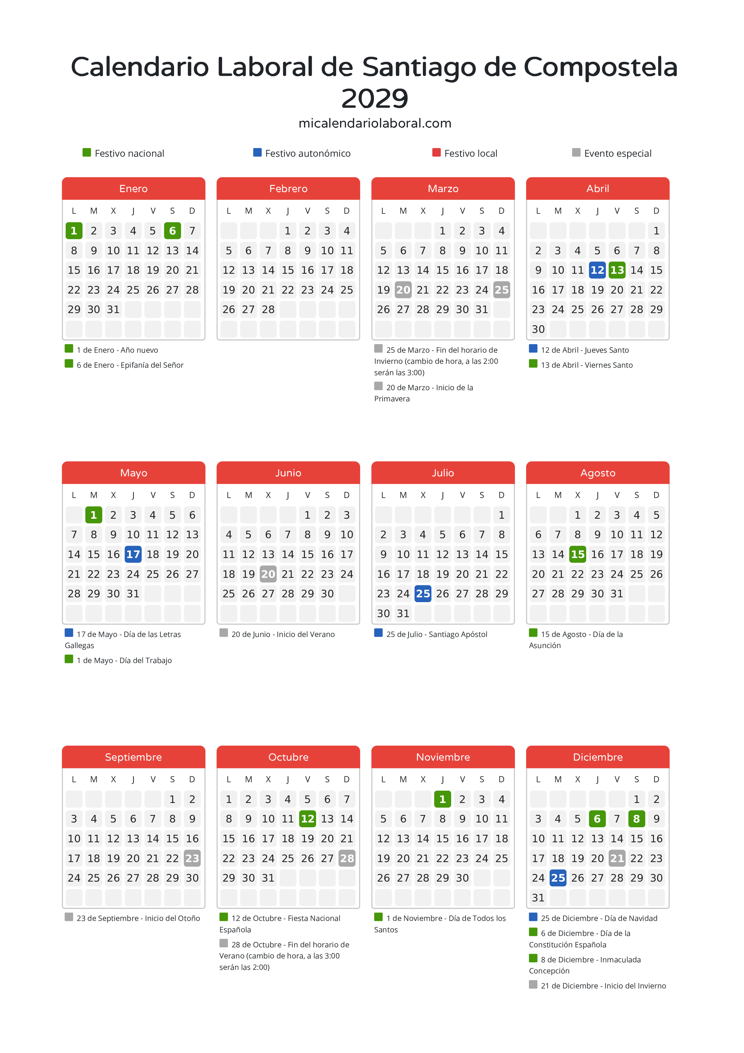 Calendario Laboral de Santiago de Compostela 2029 - Días festivos - Descubre todos los festivos, días no laborables y días inhábiles en el calendario de Santiago de Compostela propuestos por Xunta de Galicia. Organiza tus vacaciones y puentes en 2029.