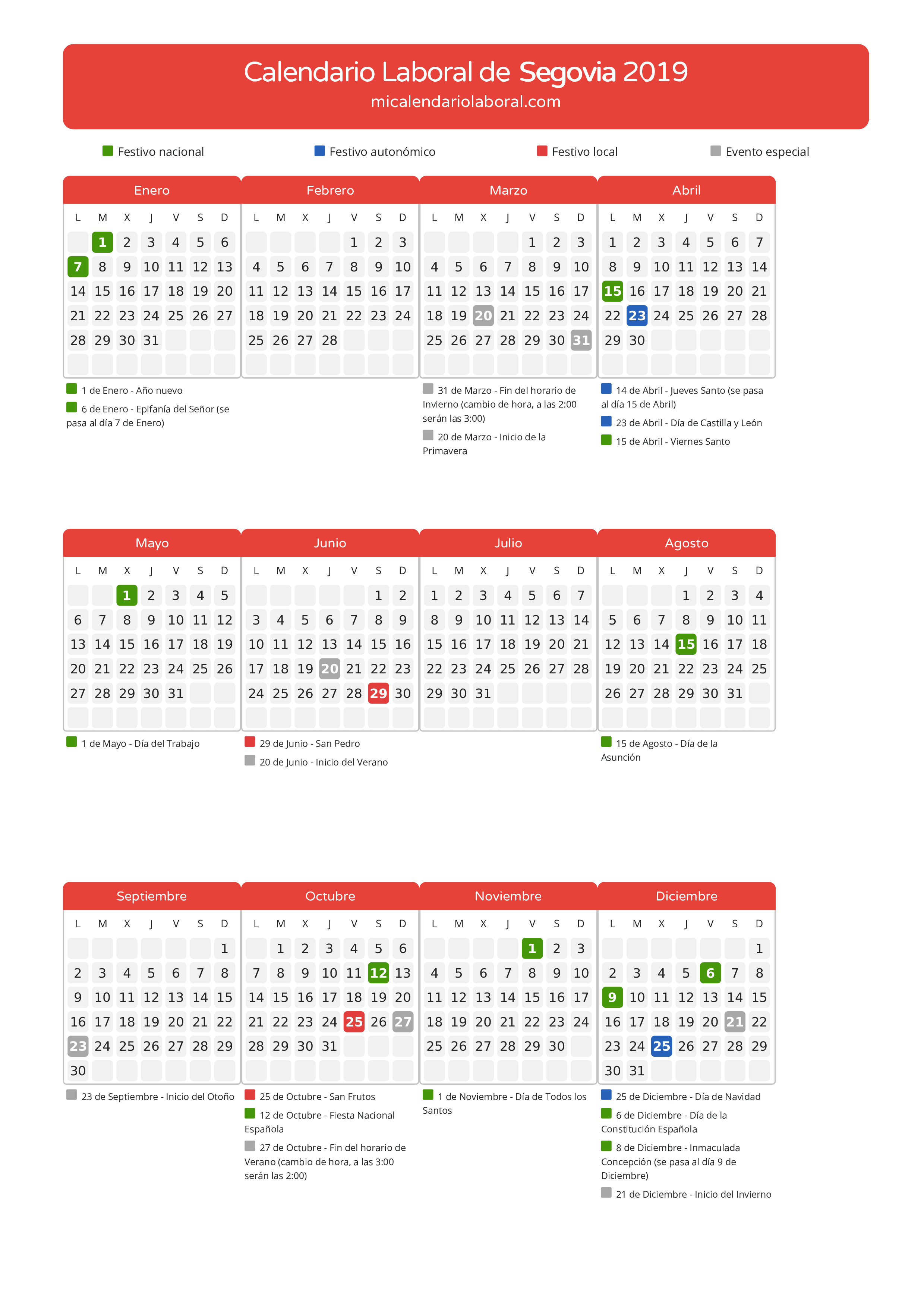 Calendario Laboral de Segovia 2019 - Días festivos - Descubre todos los festivos, días no laborables y días inhábiles en el calendario de Segovia propuestos por Junta de Castilla y León. Organiza tus vacaciones y puentes en 2019.