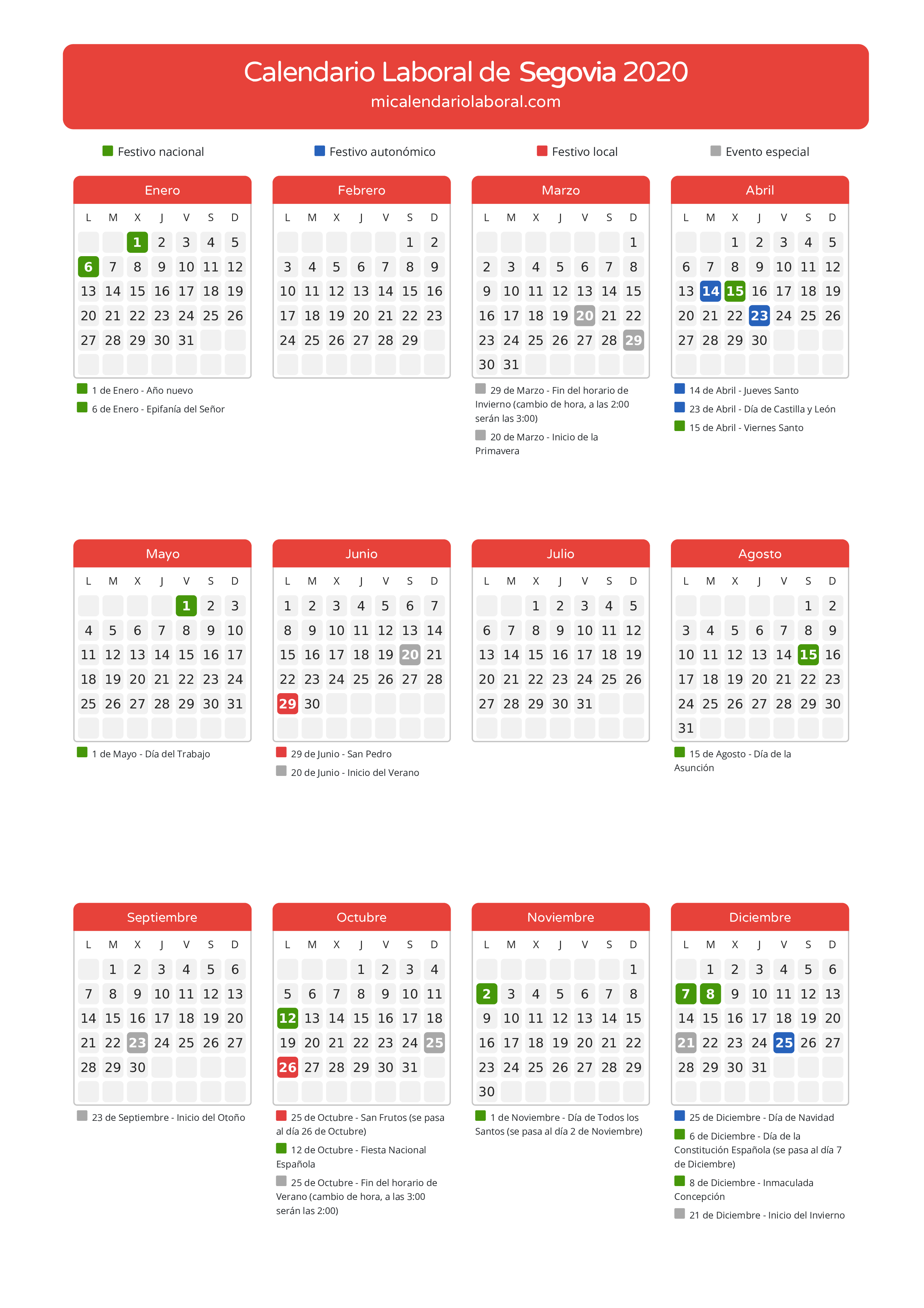 Calendario Laboral de Segovia 2020 - Días festivos - Descubre todos los festivos, días no laborables y días inhábiles en el calendario de Segovia propuestos por Junta de Castilla y León. Organiza tus vacaciones y puentes en 2020.