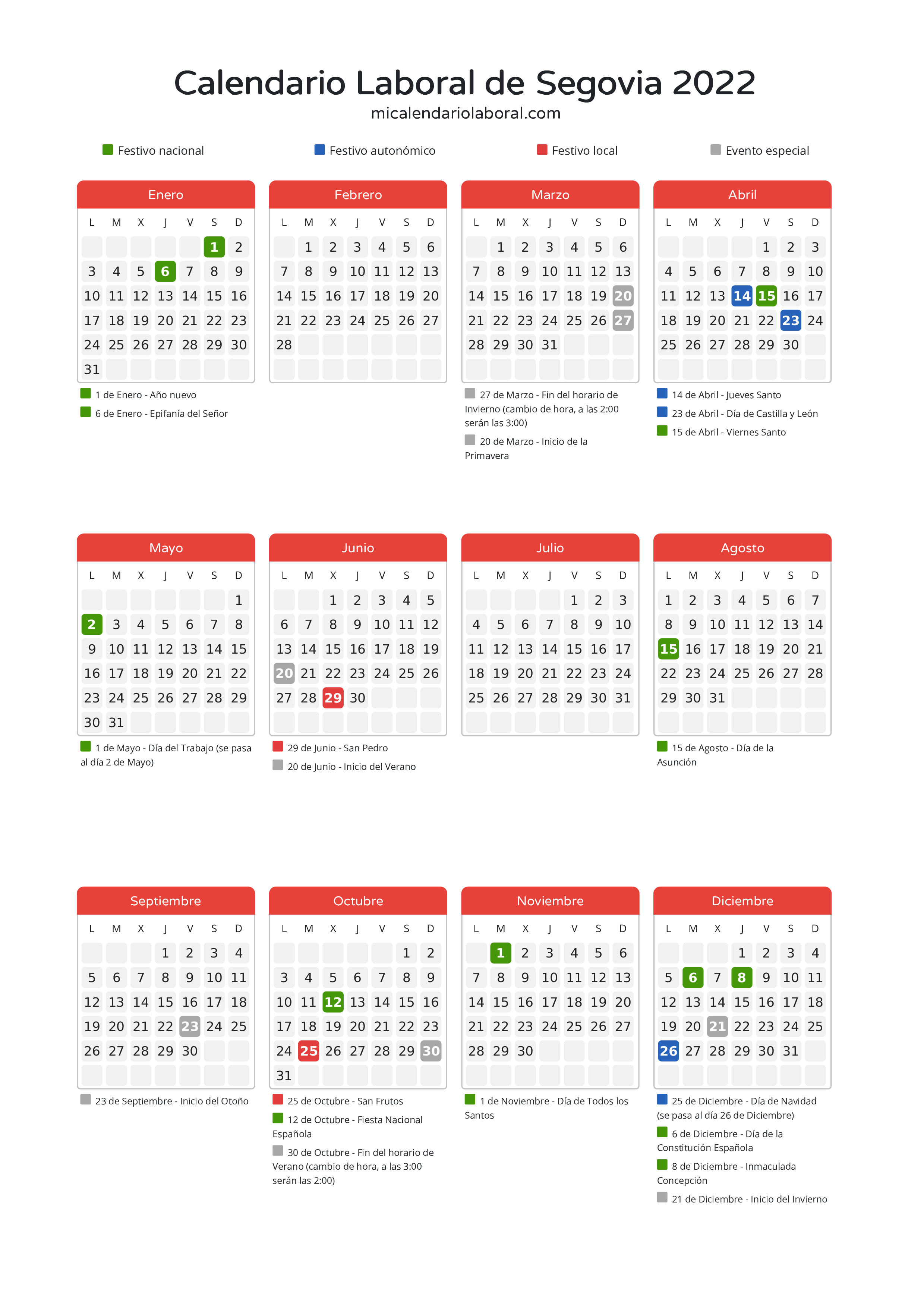 Calendario Laboral de Segovia 2022 - Días festivos - Descubre todos los festivos, días no laborables y días inhábiles en el calendario de Segovia propuestos por Junta de Castilla y León. Organiza tus vacaciones y puentes en 2022.
