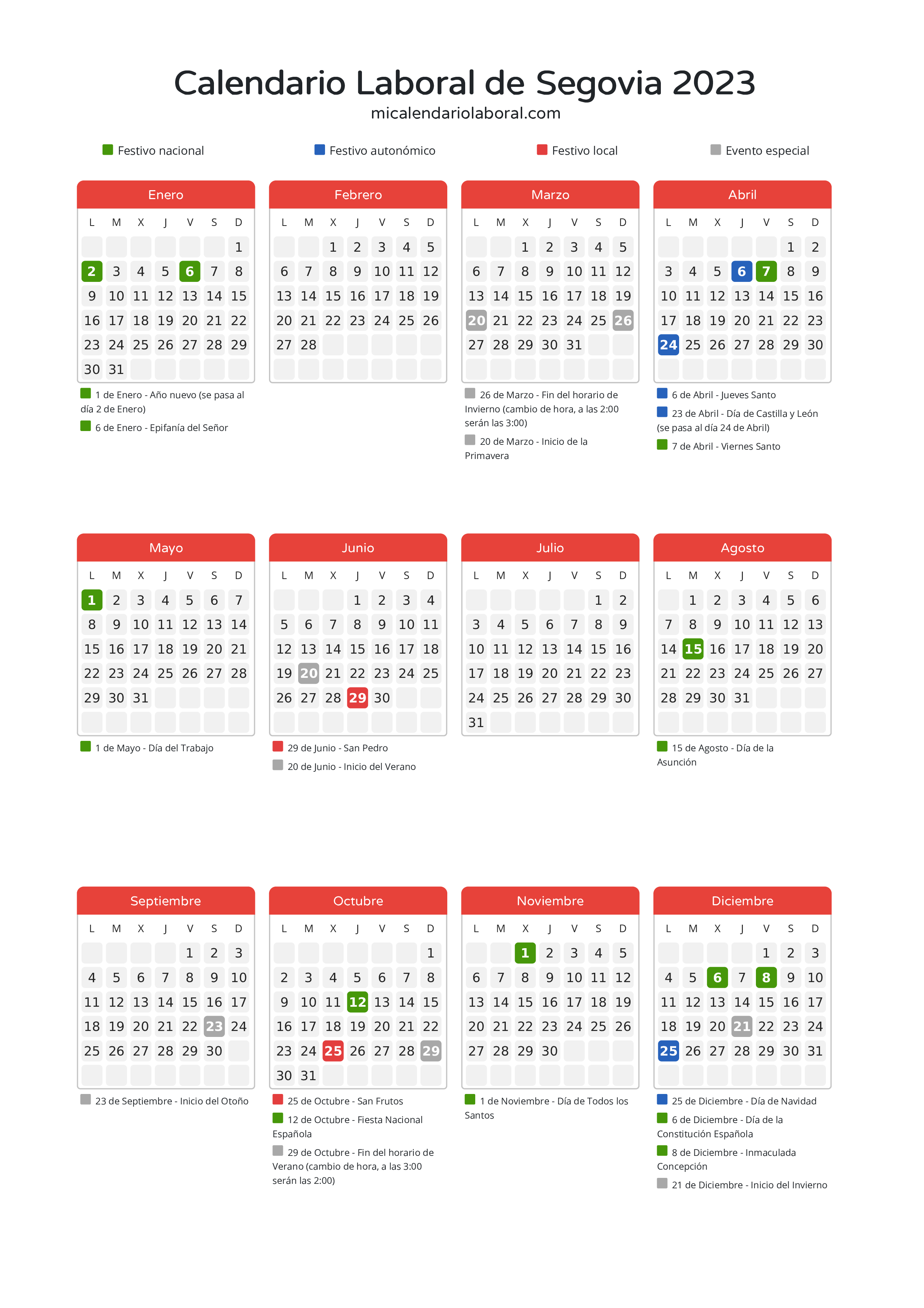 Calendario Laboral de Segovia 2023 - Días festivos - Descubre todos los festivos, días no laborables y días inhábiles en el calendario de la provincia de Segovia propuestos por Junta de Castilla y León. Anticípate a los eventos y organiza tus vacaciones y puentes en 2023.