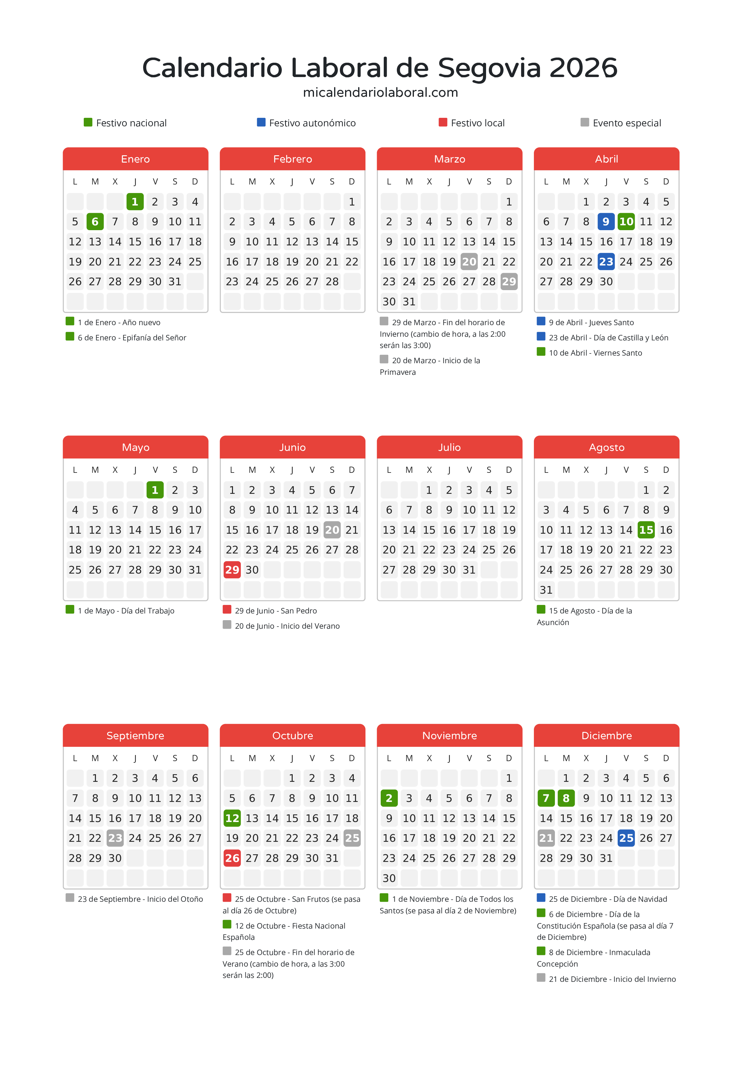 Calendario Laboral de Segovia 2026 - Días festivos - Descubre todos los festivos, días no laborables y días inhábiles en el calendario de Segovia propuestos por Junta de Castilla y León. Organiza tus vacaciones y puentes en 2026.