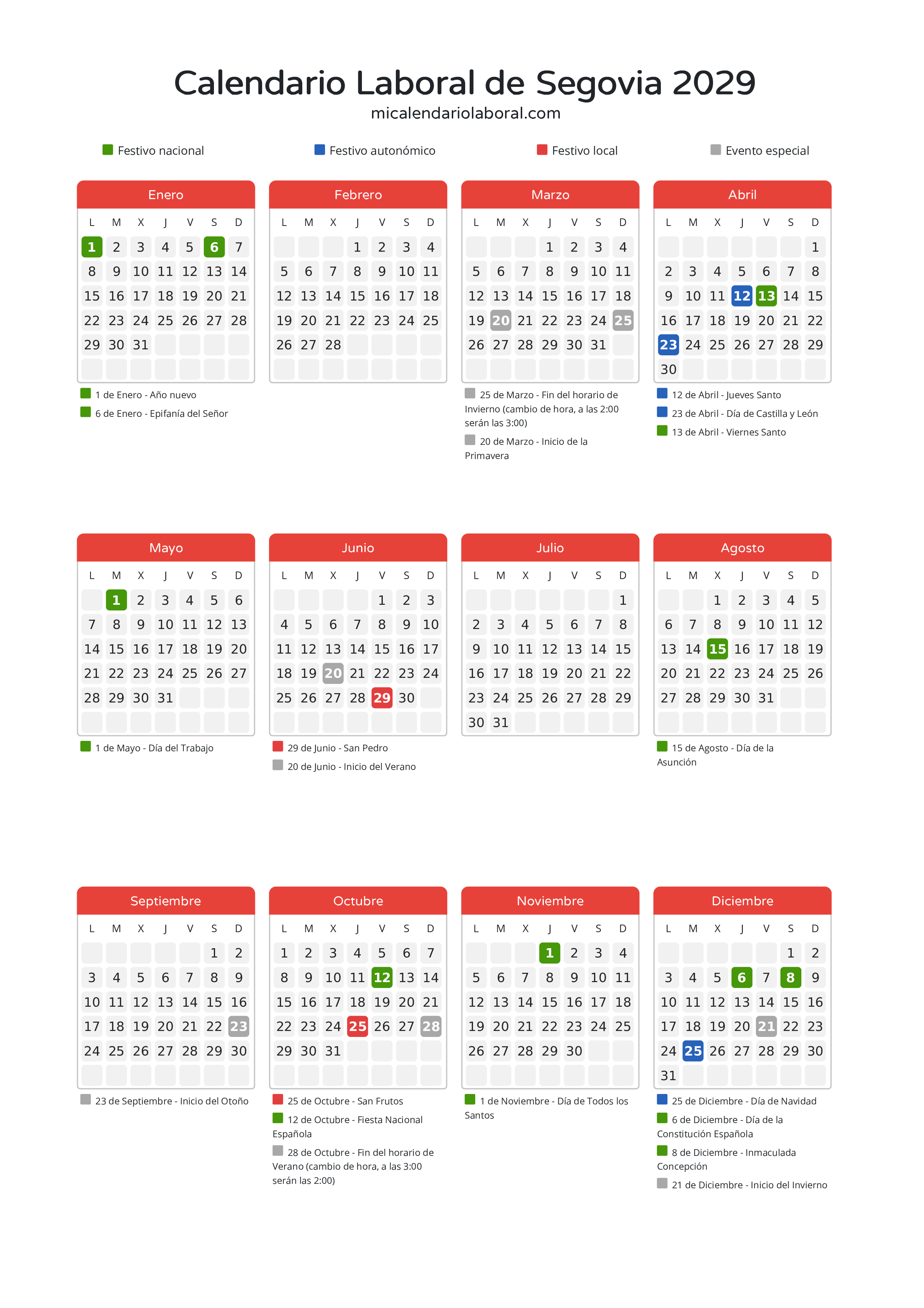 Calendario Laboral de Segovia 2029 - Días festivos - Descubre todos los festivos, días no laborables y días inhábiles en el calendario de Segovia propuestos por Junta de Castilla y León. Organiza tus vacaciones y puentes en 2029.