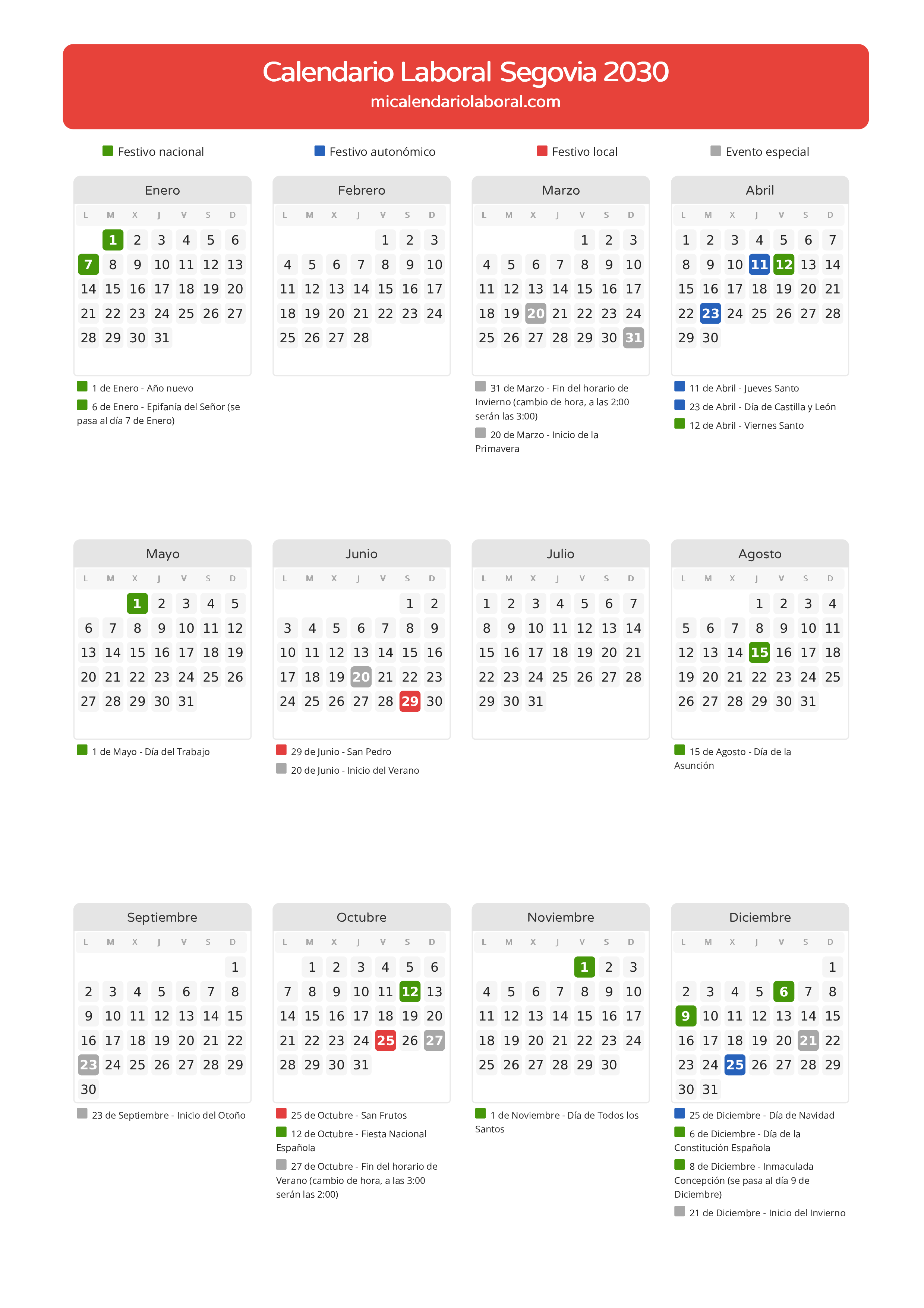 Calendario Laboral de Segovia 2030 - Días festivos - Todos los festivos y días no laborables del calendario de Segovia propuestos por Junta de Castilla y León. Organiza tus vacaciones y puentes en 2030.