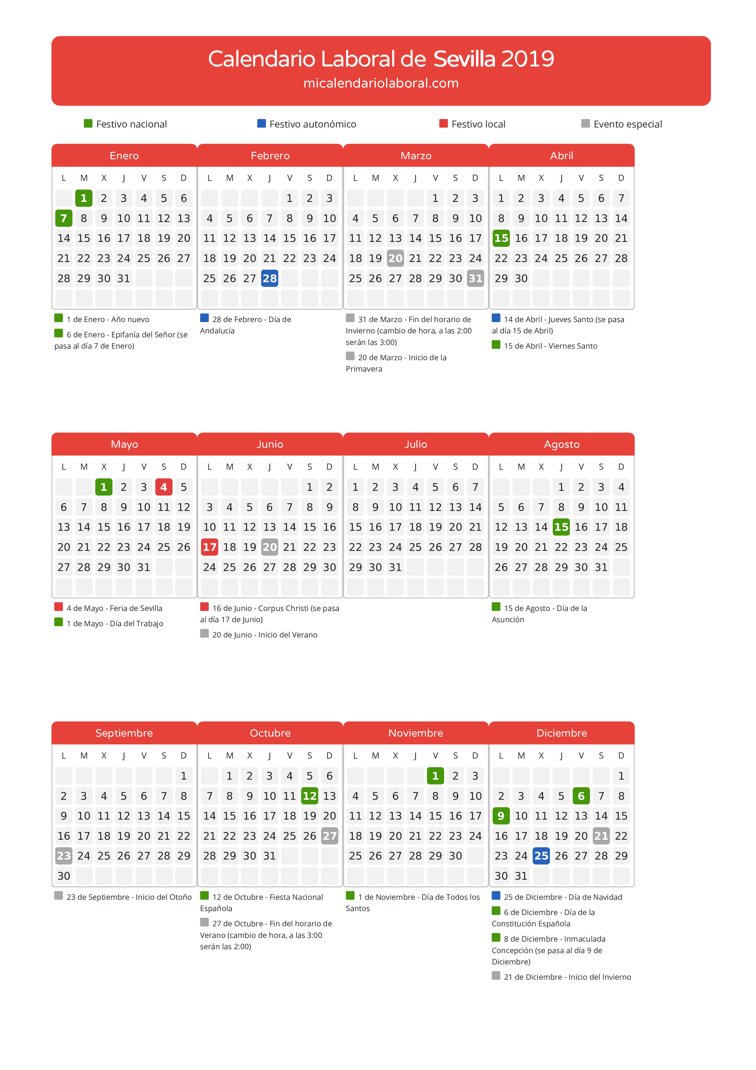 Calendario Laboral de Sevilla 2019 - Días festivos - Descubre todos los festivos, días no laborables y días inhábiles en el calendario de Sevilla propuestos por Junta de Andalucía. Organiza tus vacaciones y puentes en 2019.