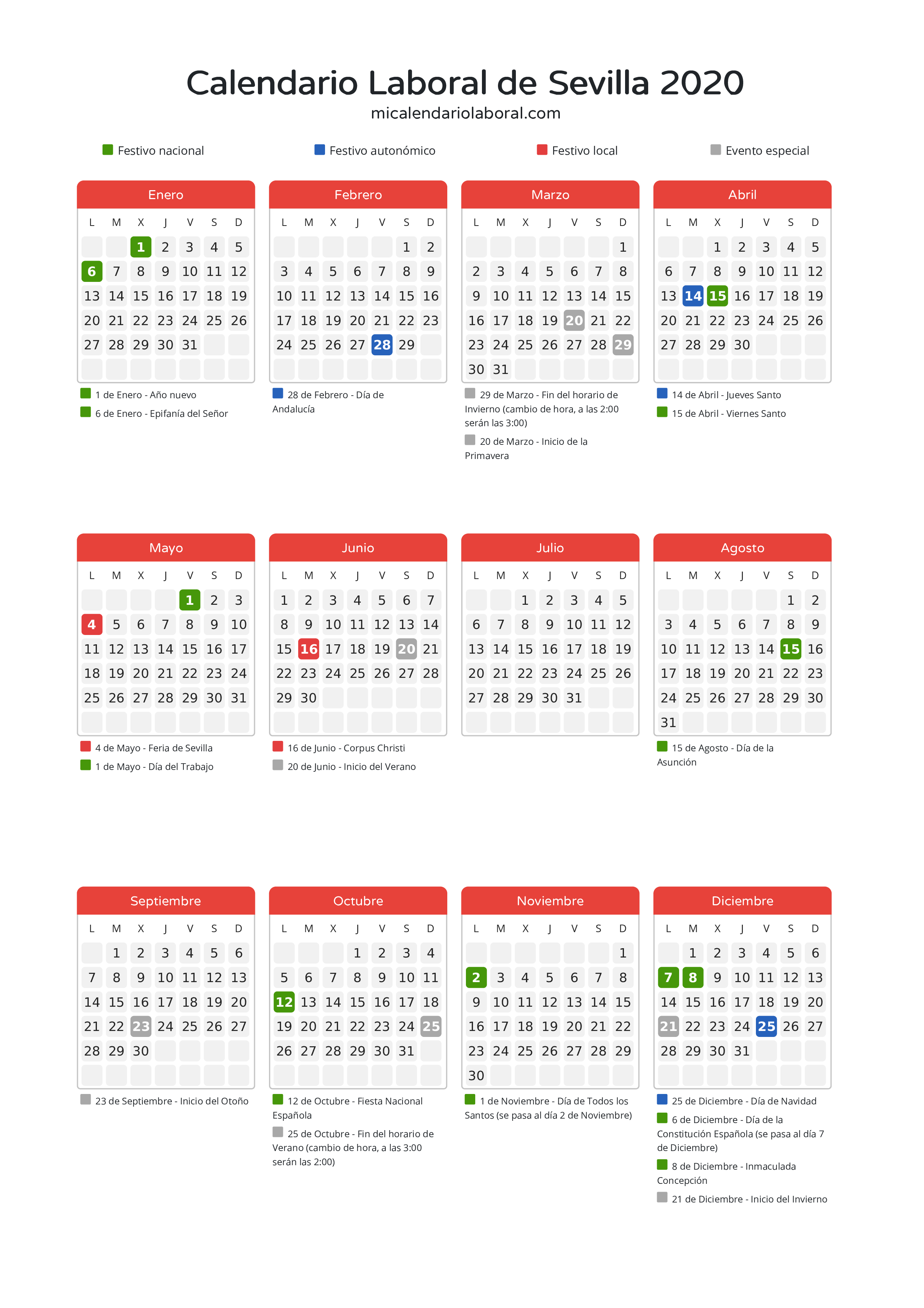 Calendario Laboral de Sevilla 2020 - Días festivos - Descubre todos los festivos, días no laborables y días inhábiles en el calendario de Sevilla propuestos por Junta de Andalucía. Organiza tus vacaciones y puentes en 2020.