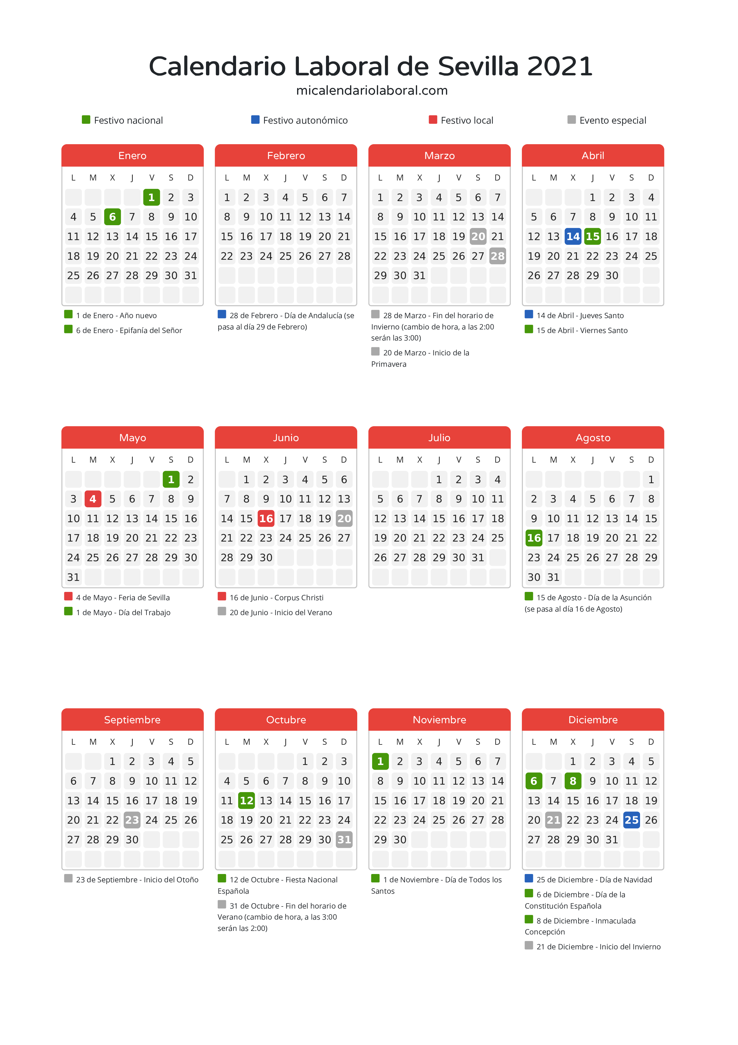 Calendario Laboral de Sevilla 2021 - Días festivos - Descubre todos los festivos, días no laborables y días inhábiles en el calendario de Sevilla propuestos por Junta de Andalucía. Organiza tus vacaciones y puentes en 2021.