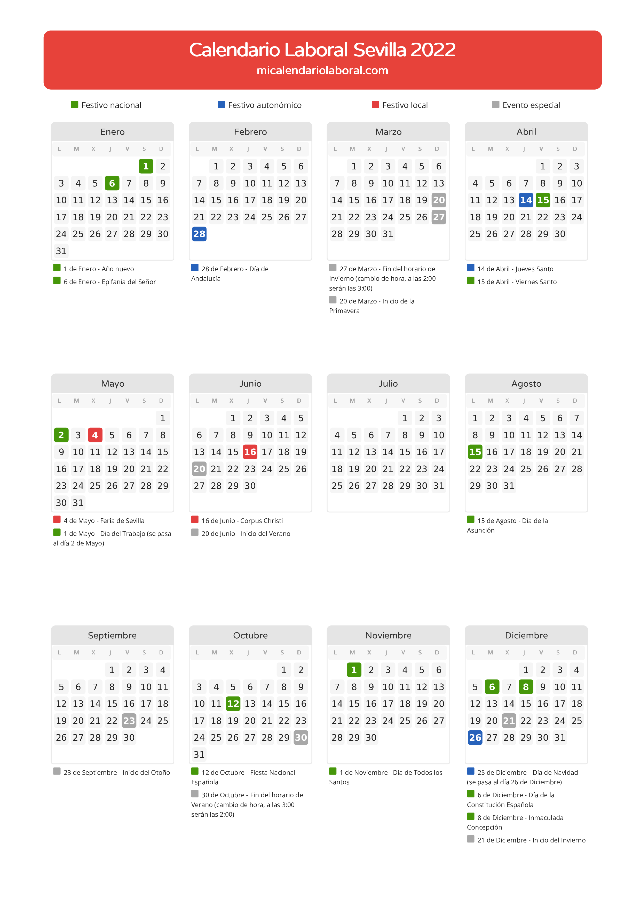 Calendario Laboral de Sevilla 2022 - Días festivos - Todos los festivos y días no laborables del calendario de Sevilla propuestos por Junta de Andalucía. Organiza tus vacaciones y puentes en 2022.