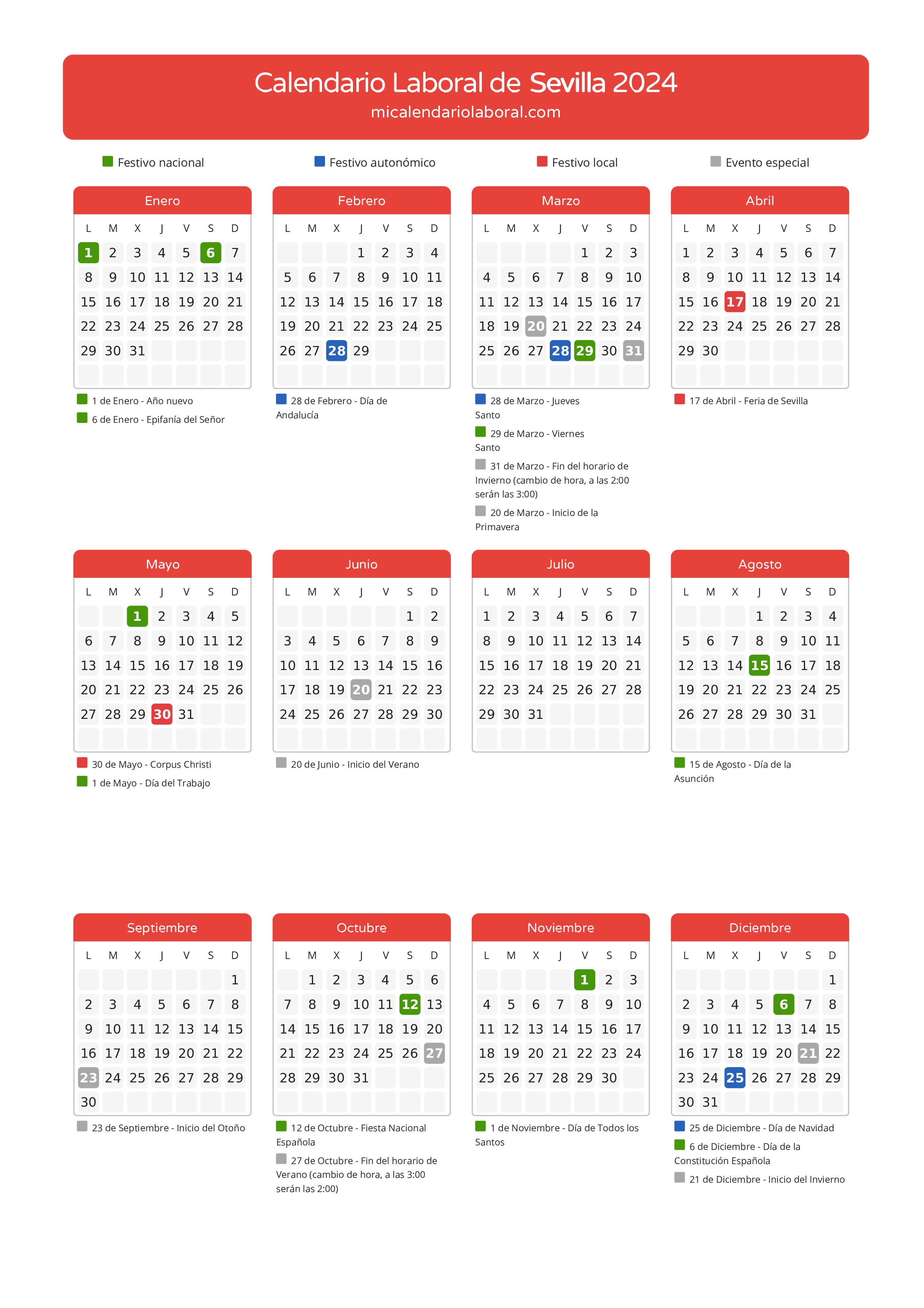 Calendario Laboral de Sevilla 2024 - Días festivos - Descubre todos los festivos, días no laborables y días inhábiles en el calendario de la provincia de Sevilla propuestos por Junta de Andalucía. Anticípate a los eventos y organiza tus vacaciones y puentes en 2024.