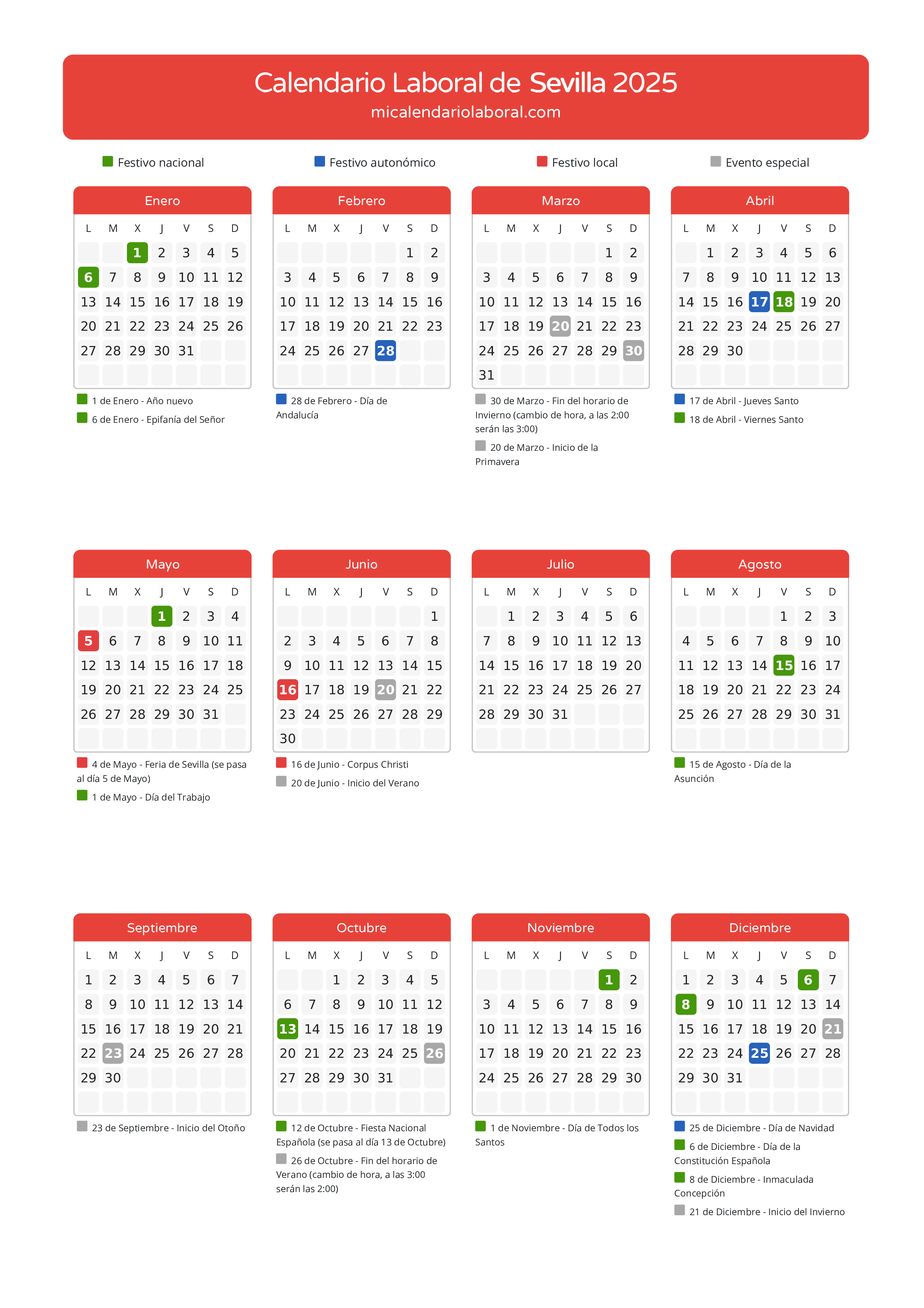 Calendario Laboral de Sevilla 2025 - Días festivos - Descubre todos los festivos, días no laborables y días inhábiles en el calendario de la provincia de Sevilla propuestos por Junta de Andalucía. Anticípate a los eventos y organiza tus vacaciones y puentes en 2025.